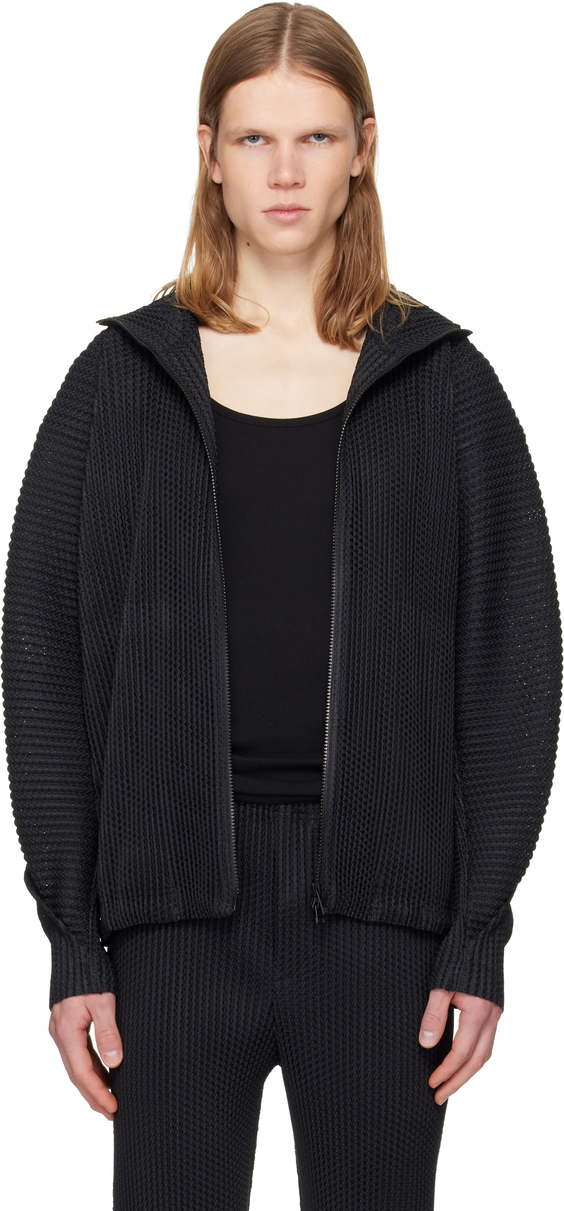 HOMME PLISSÉ ISSEY MIYAKE: Black Wickerwork Mesh Jacket | SSENSE