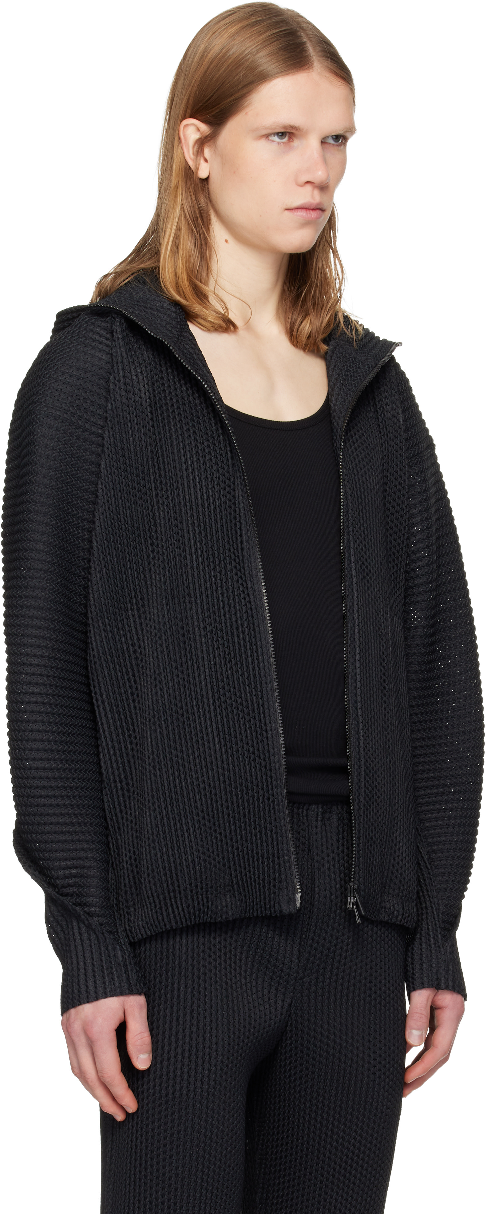 HOMME PLISSÉ ISSEY MIYAKE: Black Wickerwork Mesh Jacket | SSENSE
