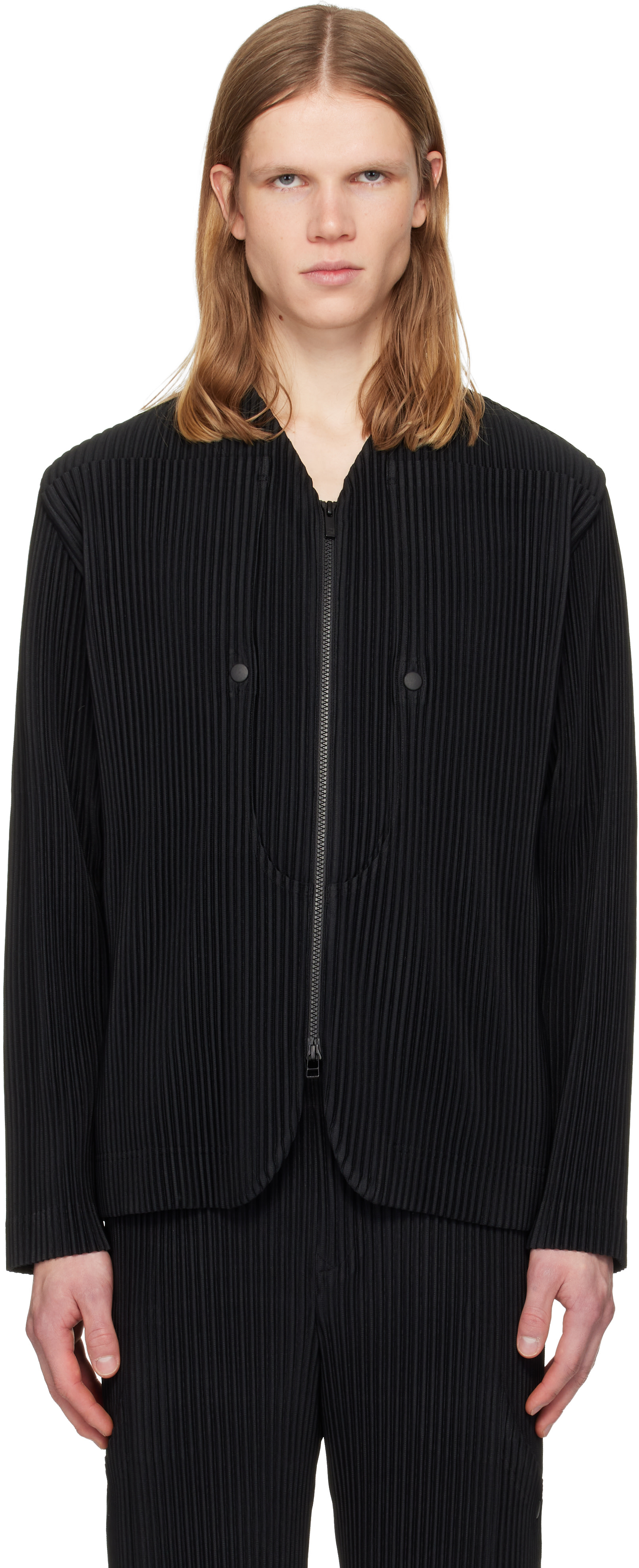 HOMME PLISSÉ ISSEY MIYAKE ノーカラージャケット HOMME PLISSÉ ISSEY MIYAKE: Black Quarry Jacket | SSENSE