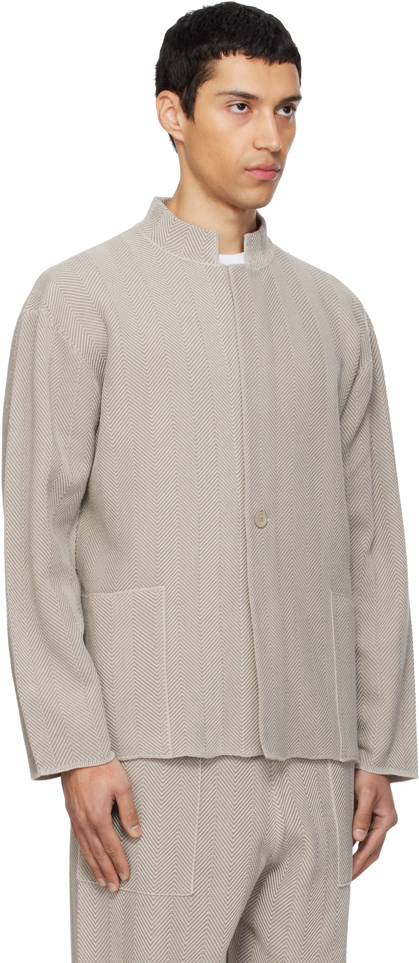 HOMME PLISSÉ ISSEY MIYAKE: Beige Inlaid Knit Jacket | SSENSE