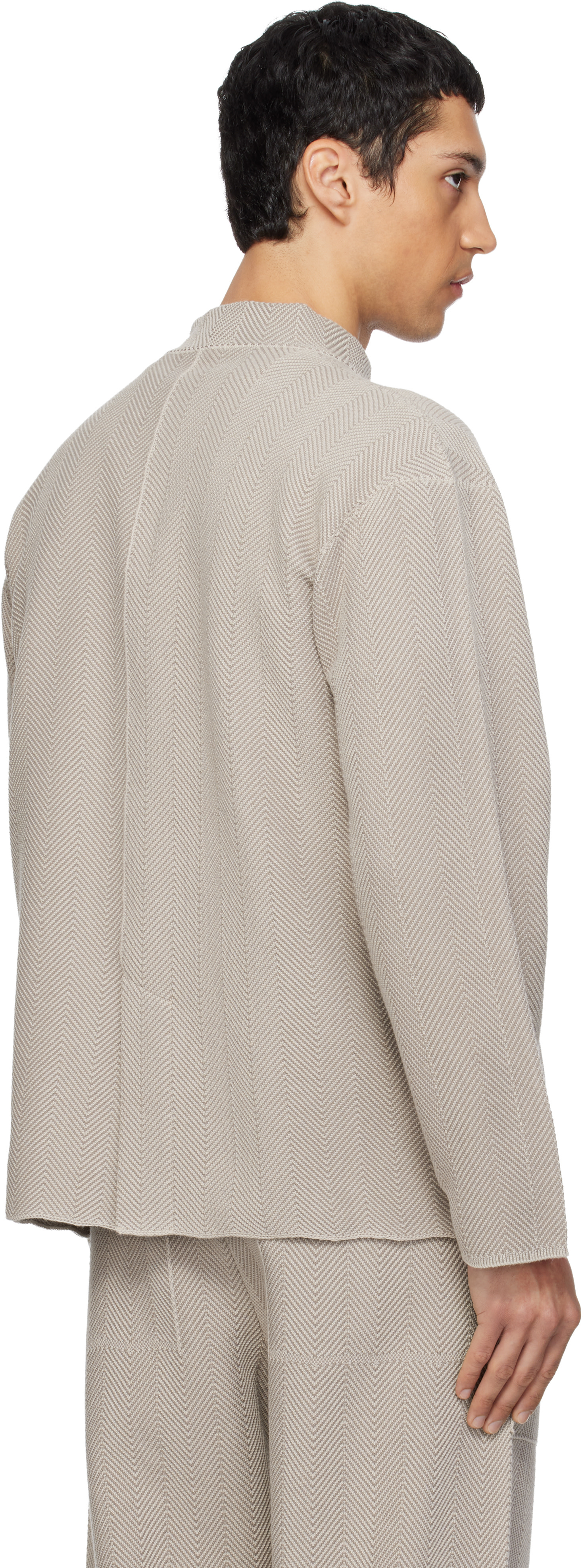 HOMME PLISSÉ ISSEY MIYAKE ノーカラージャケット HOMME PLISSÉ ISSEY MIYAKE: Beige Inlaid Knit Jacket | SSENSE