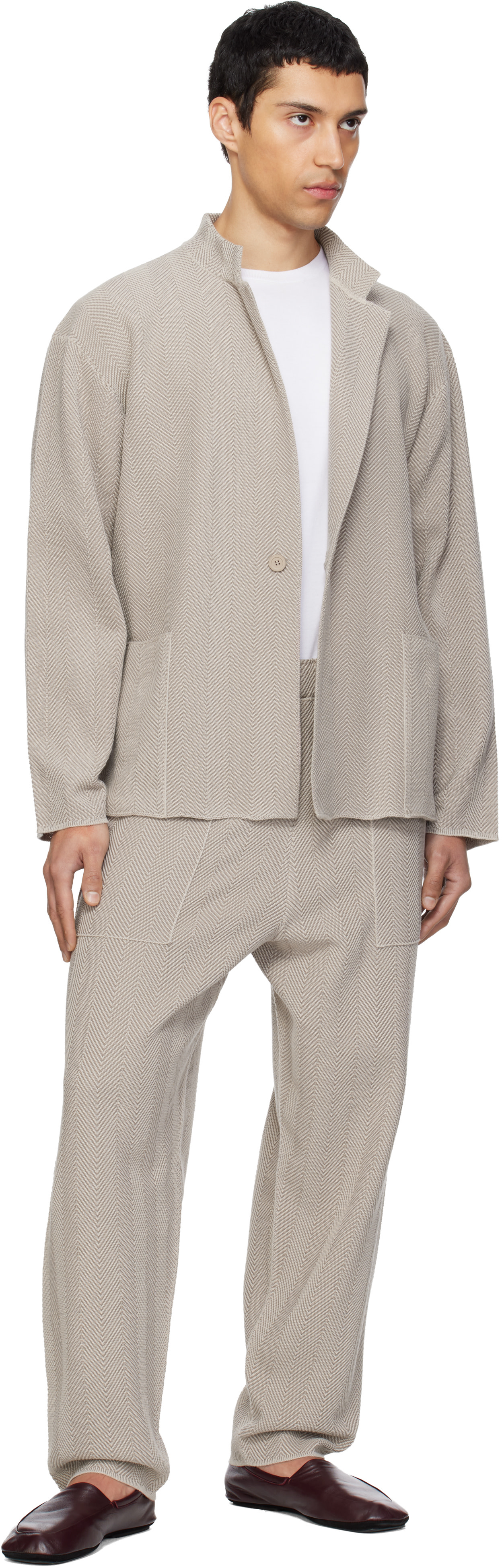 HOMME PLISSÉ ISSEY MIYAKE: Beige Inlaid Knit Jacket | SSENSE