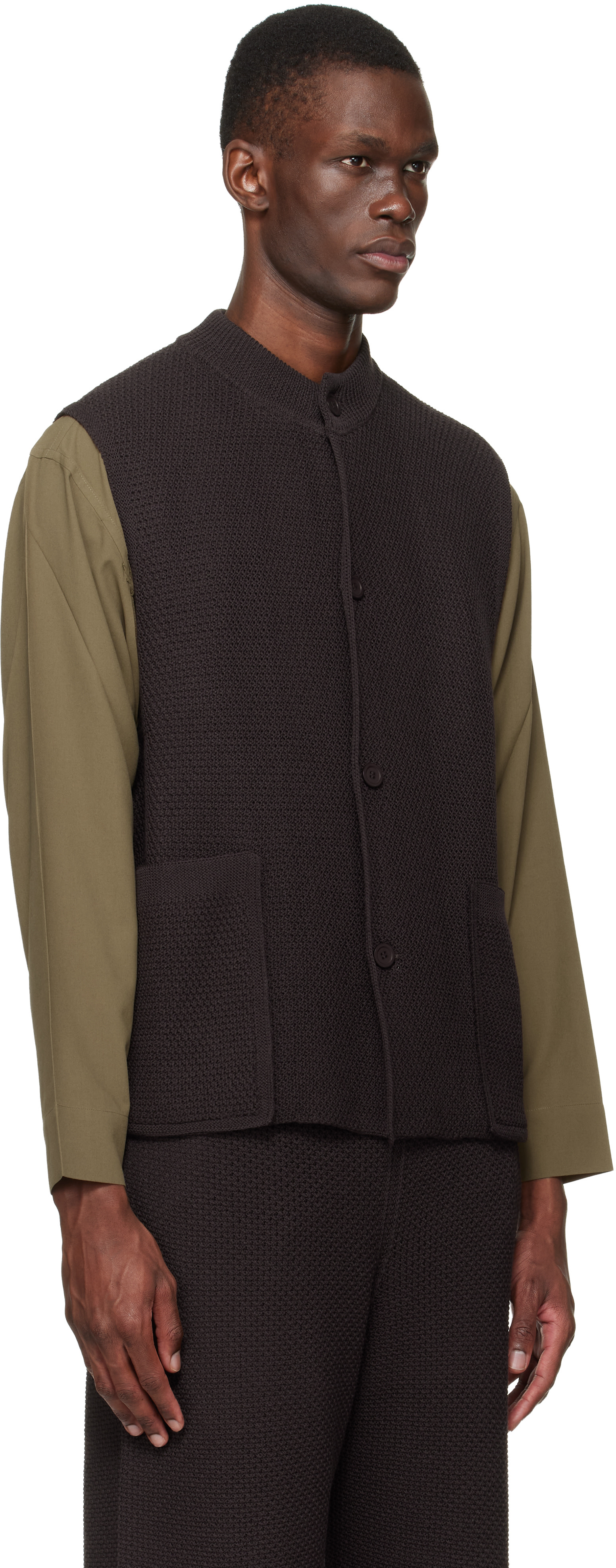 HOMME PLISSÉ ISSEY MIYAKE: Brown Rustic Knit Vest | SSENSE