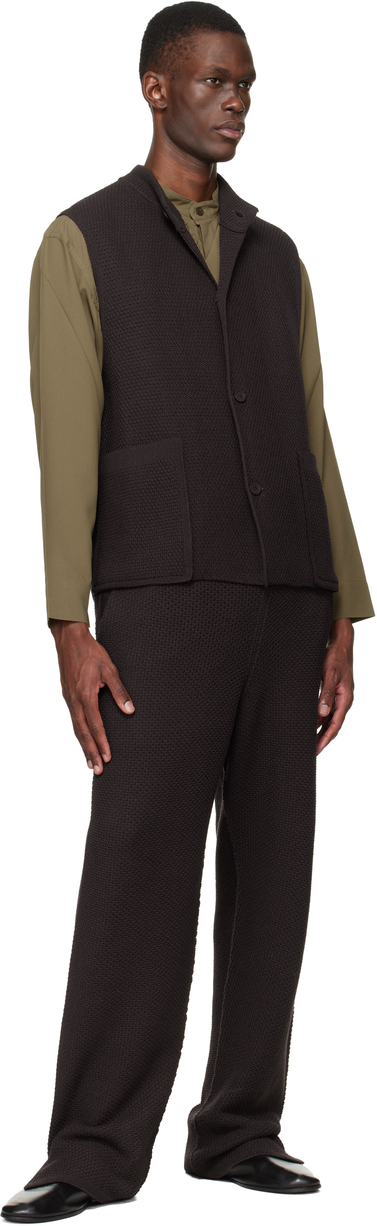 HOMME PLISSÉ ISSEY MIYAKE: Brown Rustic Knit Vest | SSENSE