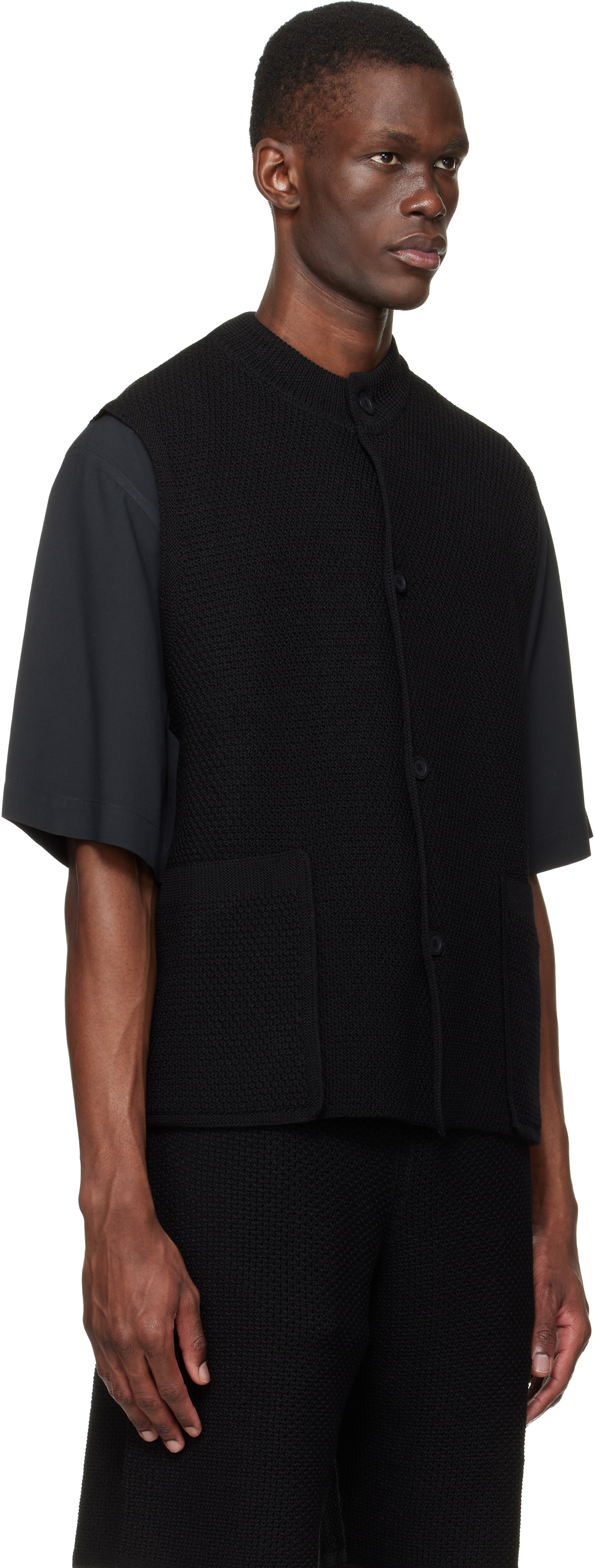 HOMME PLISSÉ ISSEY MIYAKE: Black Rustic Knit Vest | SSENSE