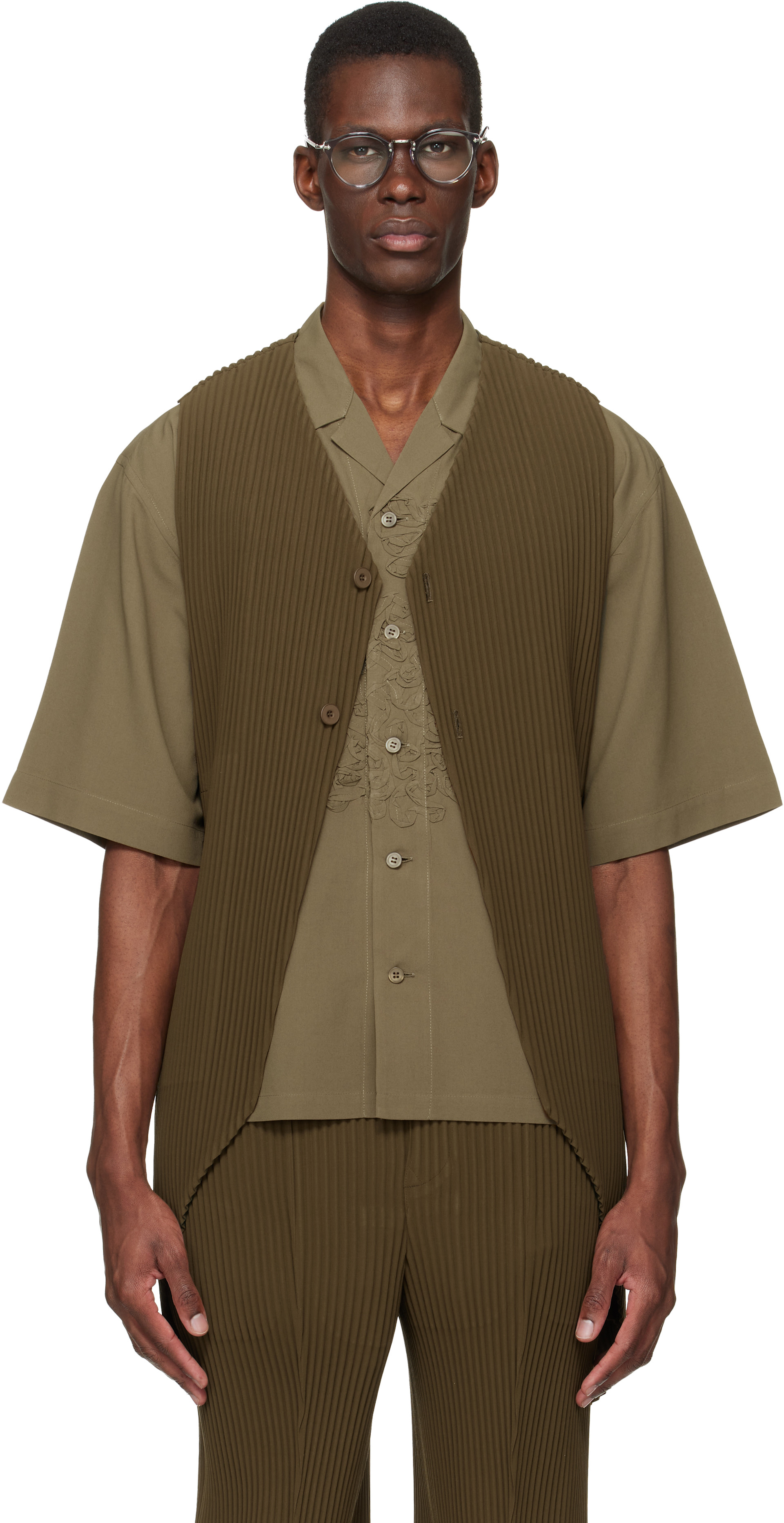 Homme Plissé Issey Miyake pleated vest HOMME PLISSÉ ISSEY MIYAKE: Khaki Tuxedo Pleats Vest | SSENSE