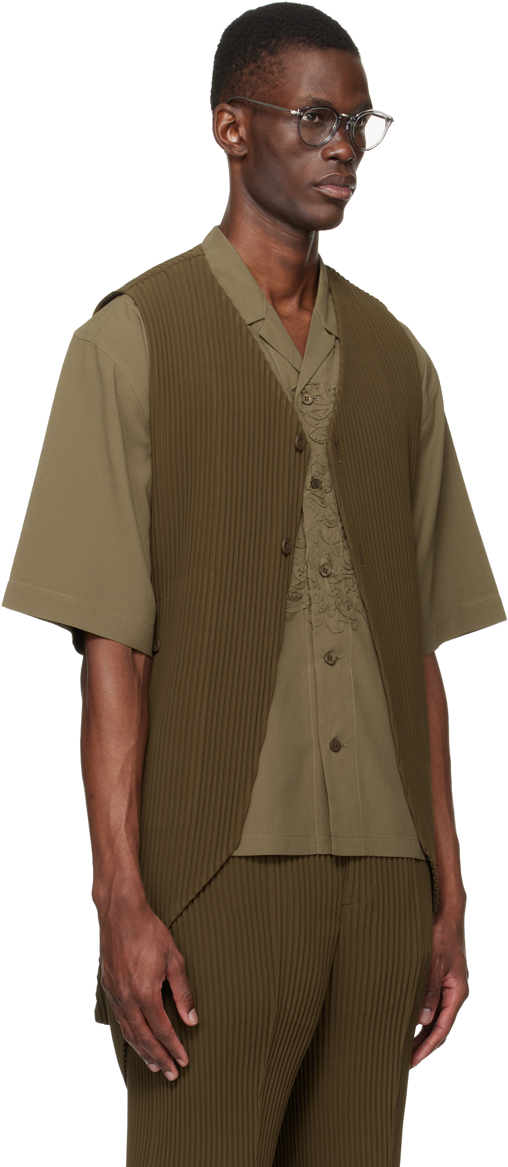 HOMME PLISSÉ ISSEY MIYAKE: Khaki Tuxedo Pleats Vest | SSENSE