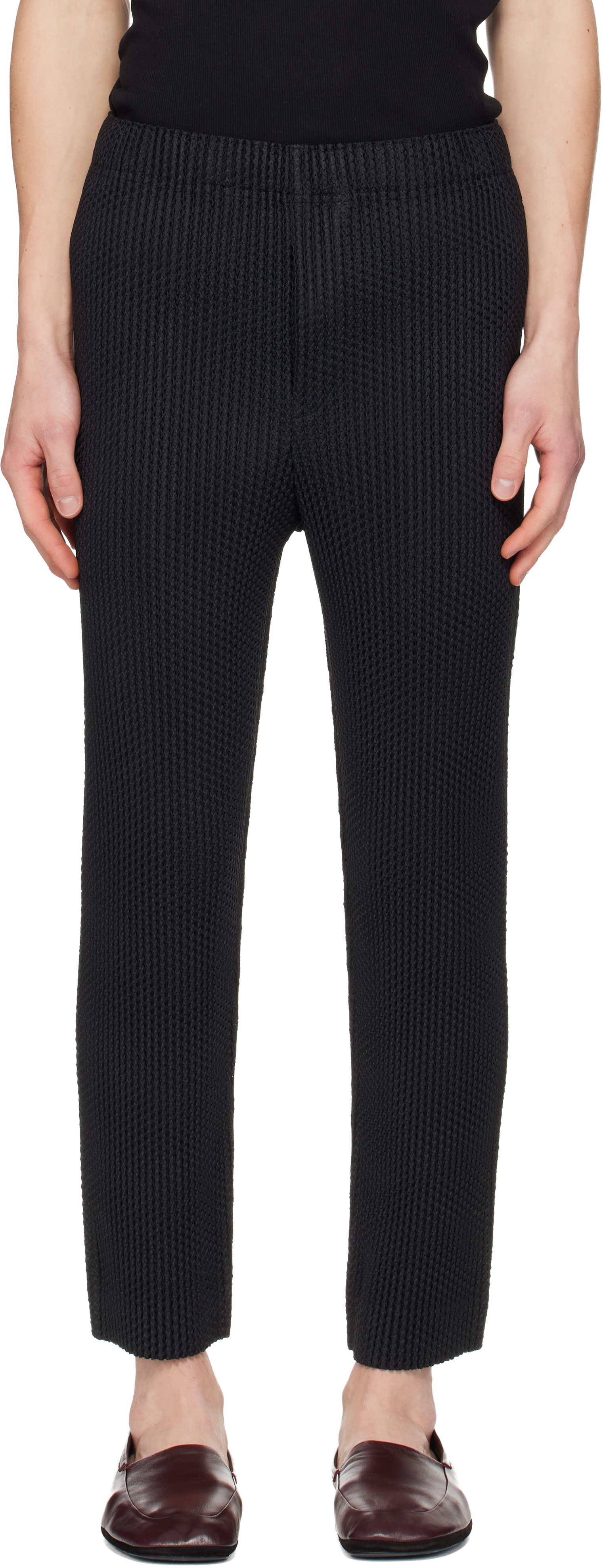 HOMME PLISSÉ ISSEY MIYAKE: Black Wickerwork Mesh Trousers | SSENSE