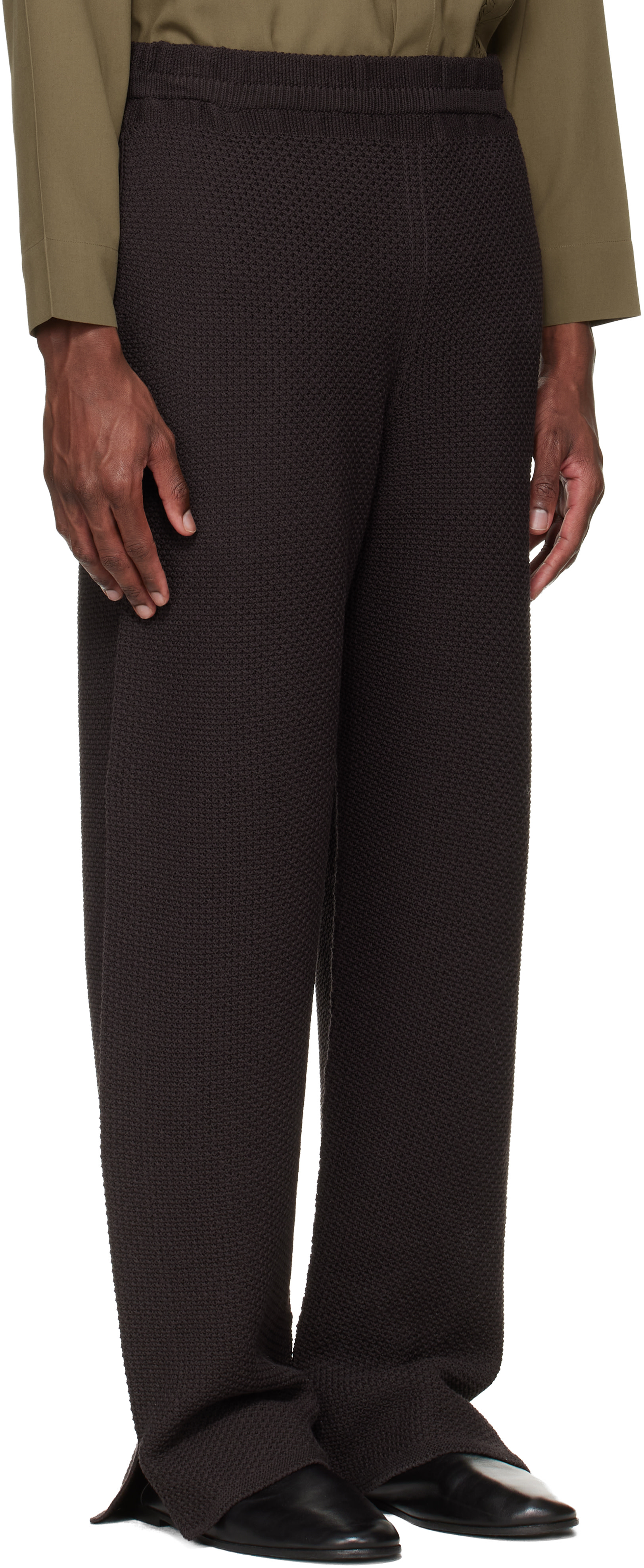 HOMME PLISSÉ ISSEY MIYAKE: Brown Rustic Knit Trousers | SSENSE