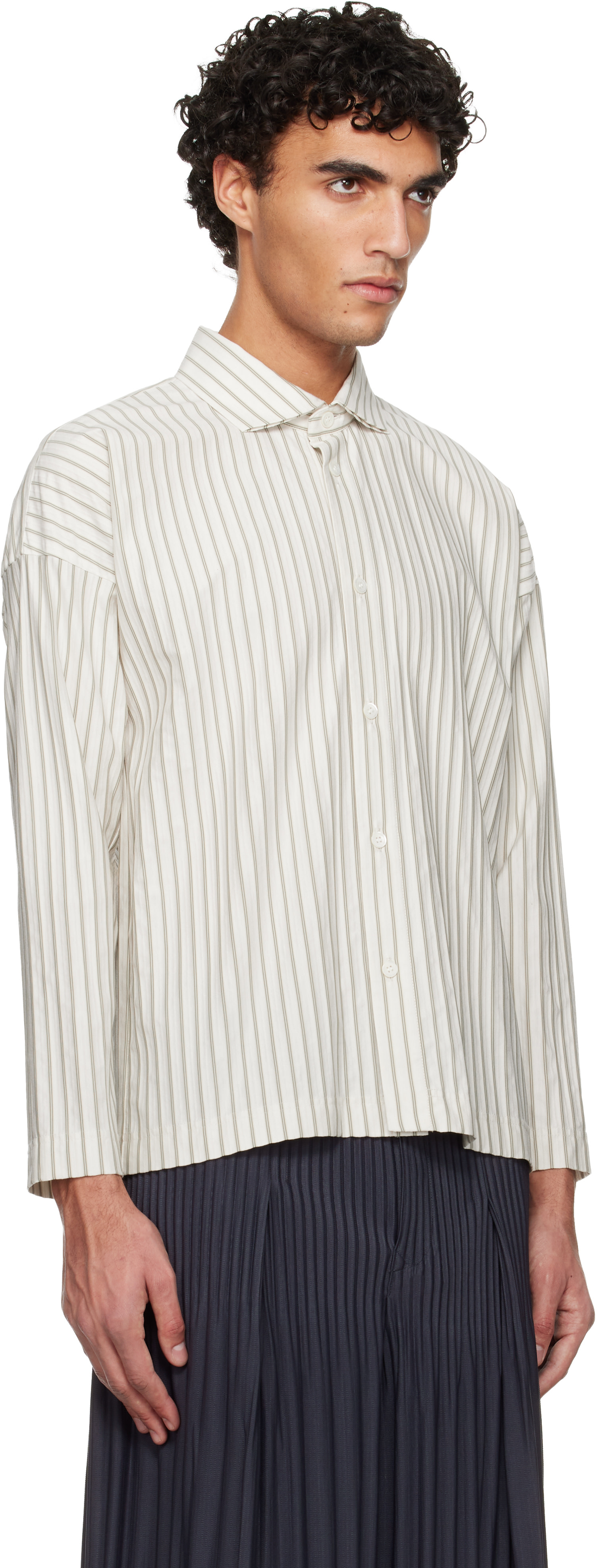HOMME PLISSÉ ISSEY MIYAKE: White Stripe Jersey Shirt | SSENSE