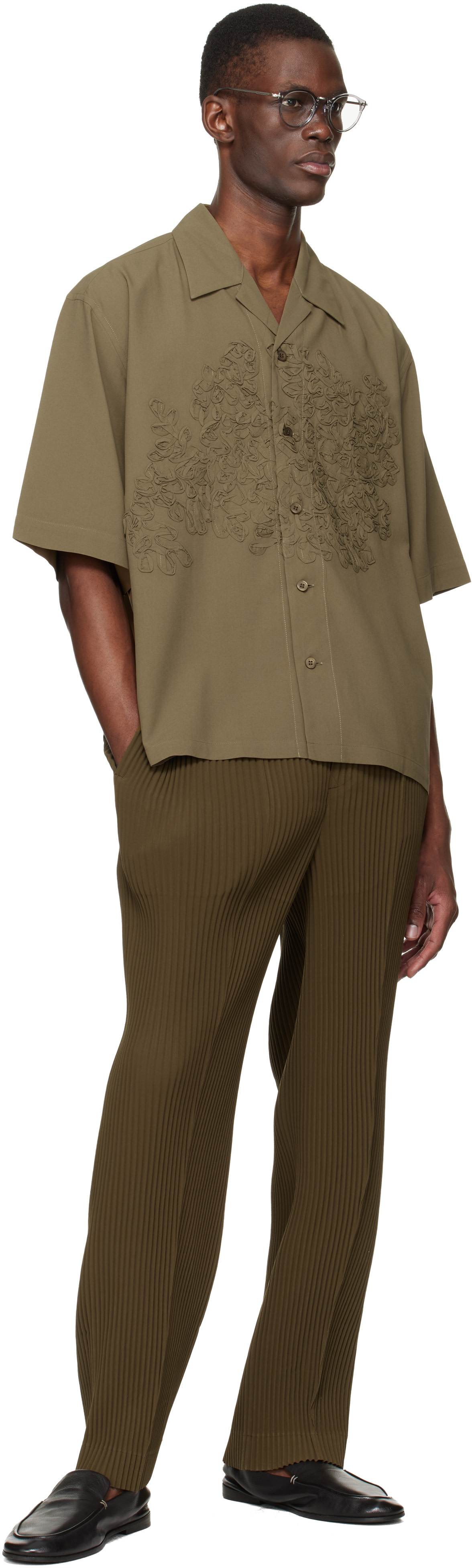 HOMME PLISSÉ ISSEY MIYAKE: Khaki Embroidery Press Shirt | SSENSE