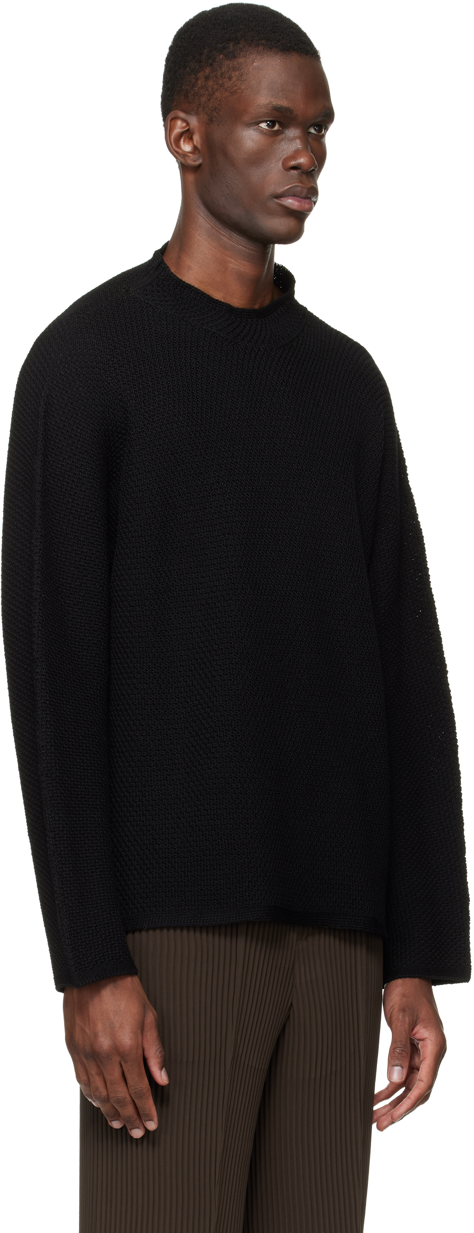 Homme Plisse Issei Miyake カットソー ブラック HOMME PLISSÉ ISSEY MIYAKE: Black Rustic Knit Sweater | SSENSE