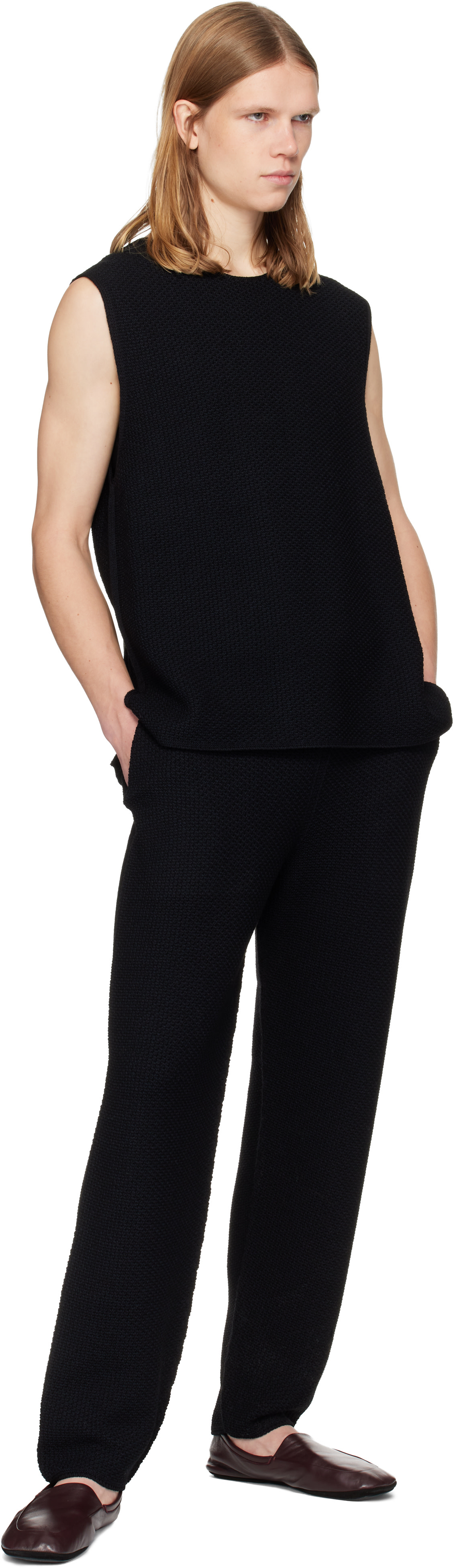 HOMME PLISSÉ ISSEY MIYAKE: Black Rustic Knit Vest | SSENSE