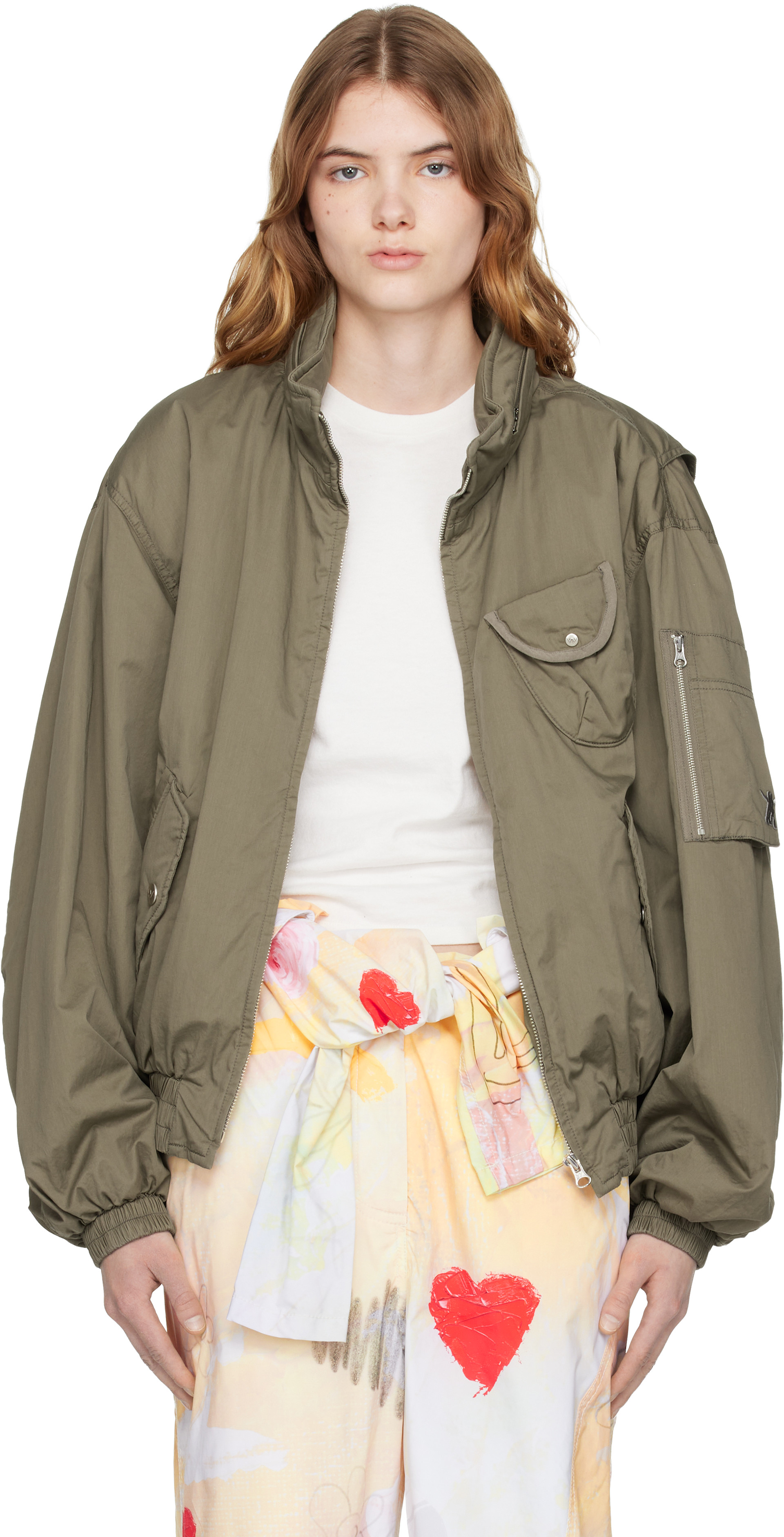 ジャケット・アウター OPEN YY COTTON CARGO BOMBER KHAKI OPEN YY: Khaki Cotton Cargo Bomber Jacket | SSENSE