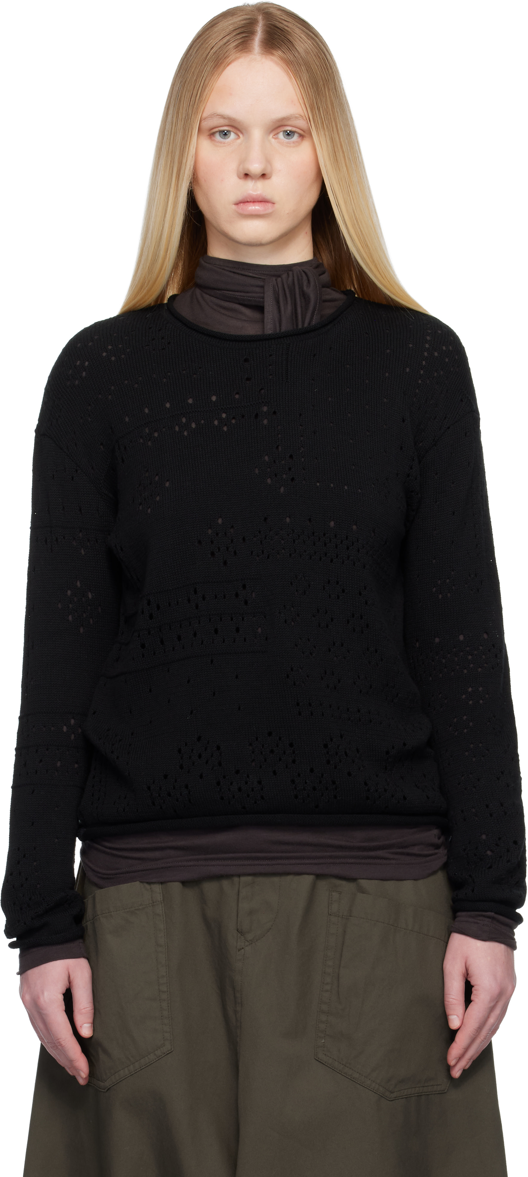 Y's - Black Patchwork Lace Curled Collar Sweater