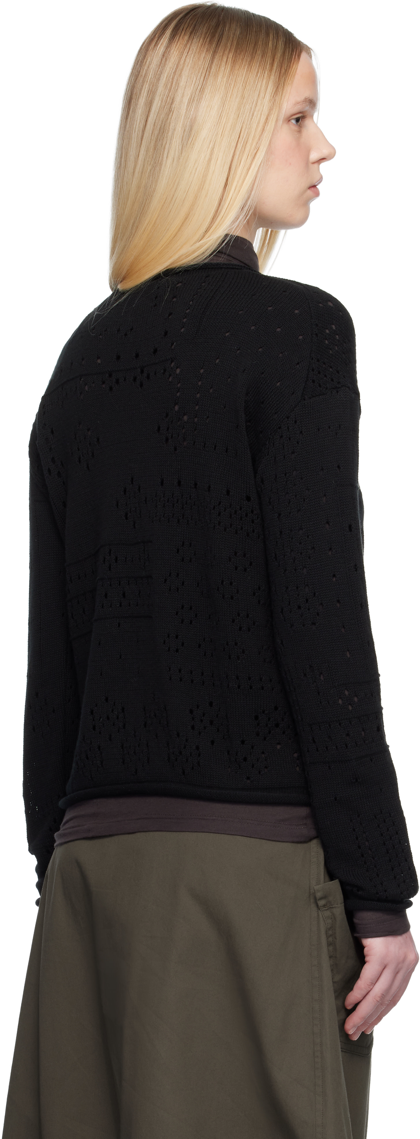 Y's - Black Patchwork Lace Curled Collar Sweater