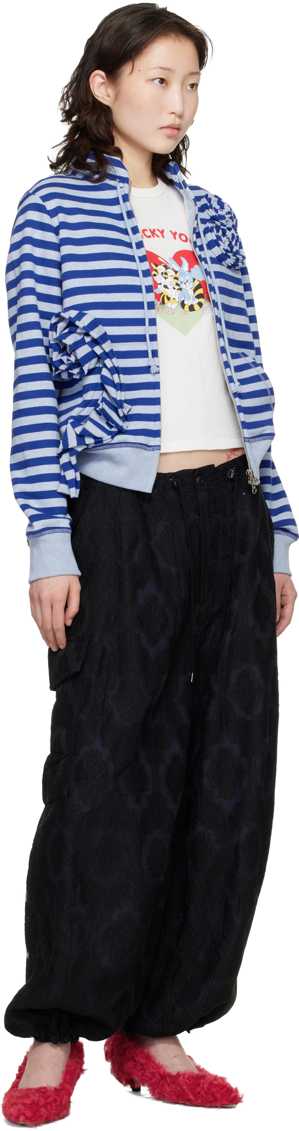 open yy APPLIQUÉ ZIPUP JACKET NAVY ネイビー OPEN YY: SSENSE Exclusive Navy Applique Knit Zipup Sweatshirt | SSENSE