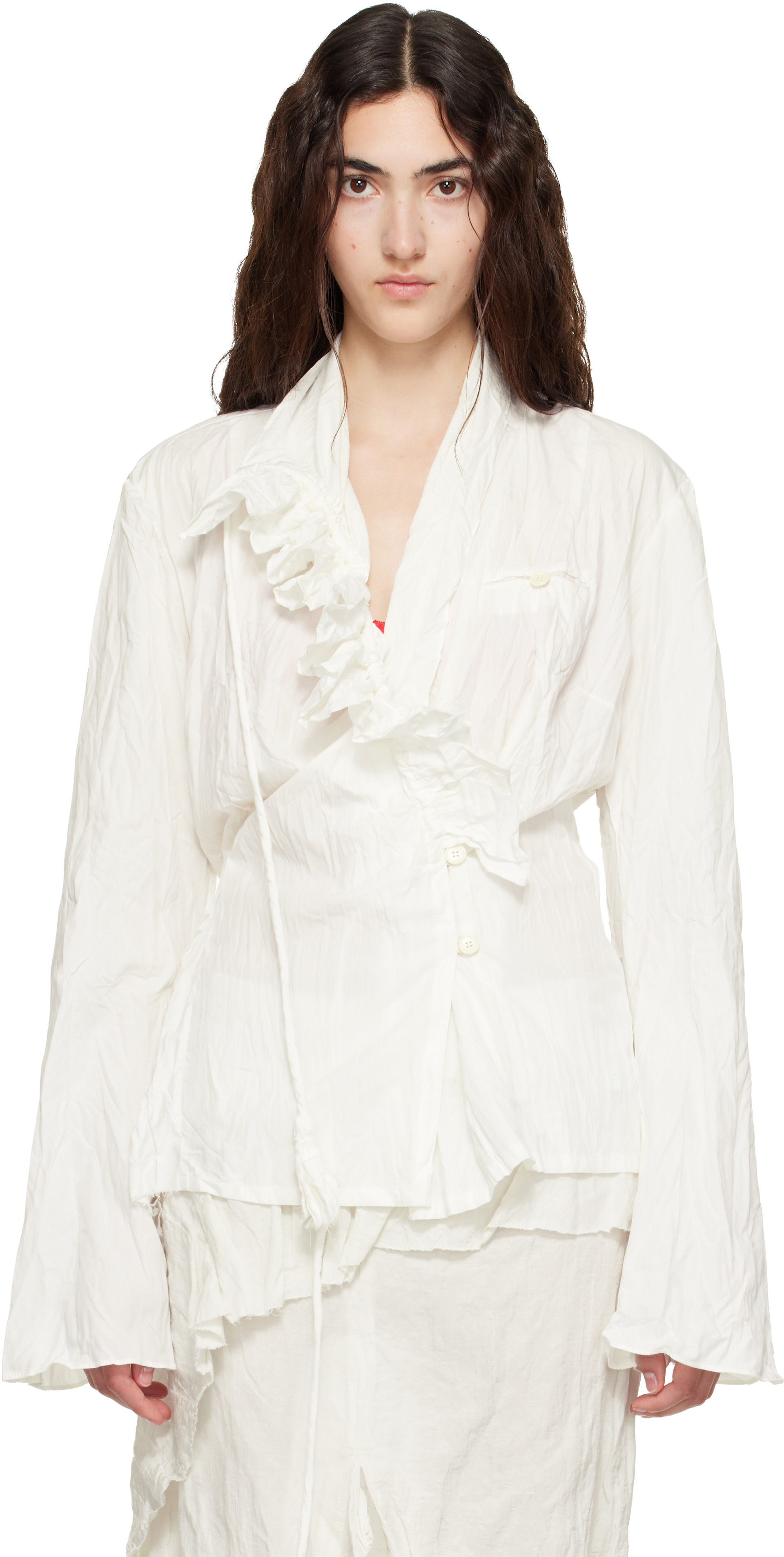 OPEN YY: White Unbalanced Ruffle Blouse | SSENSE