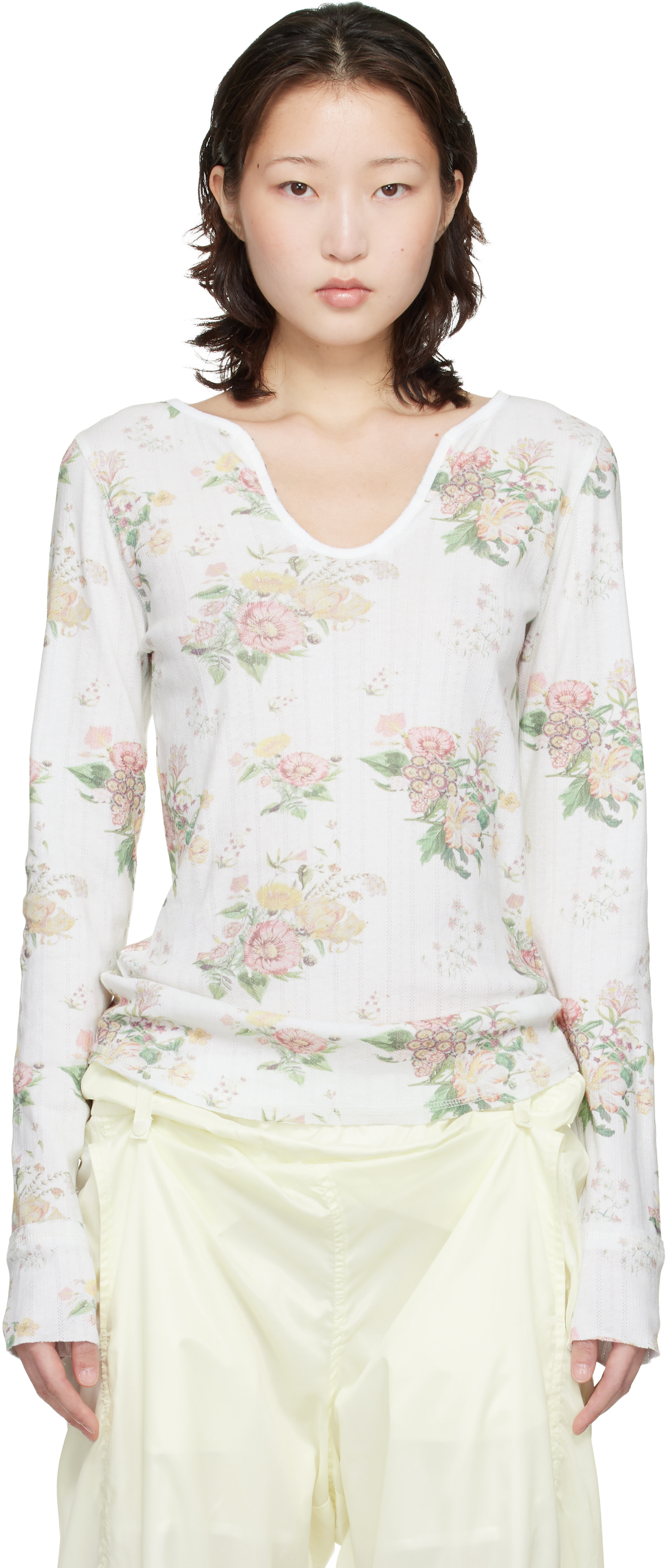 OPEN YY: White Floral Hook Long Sleeve Henley | SSENSE