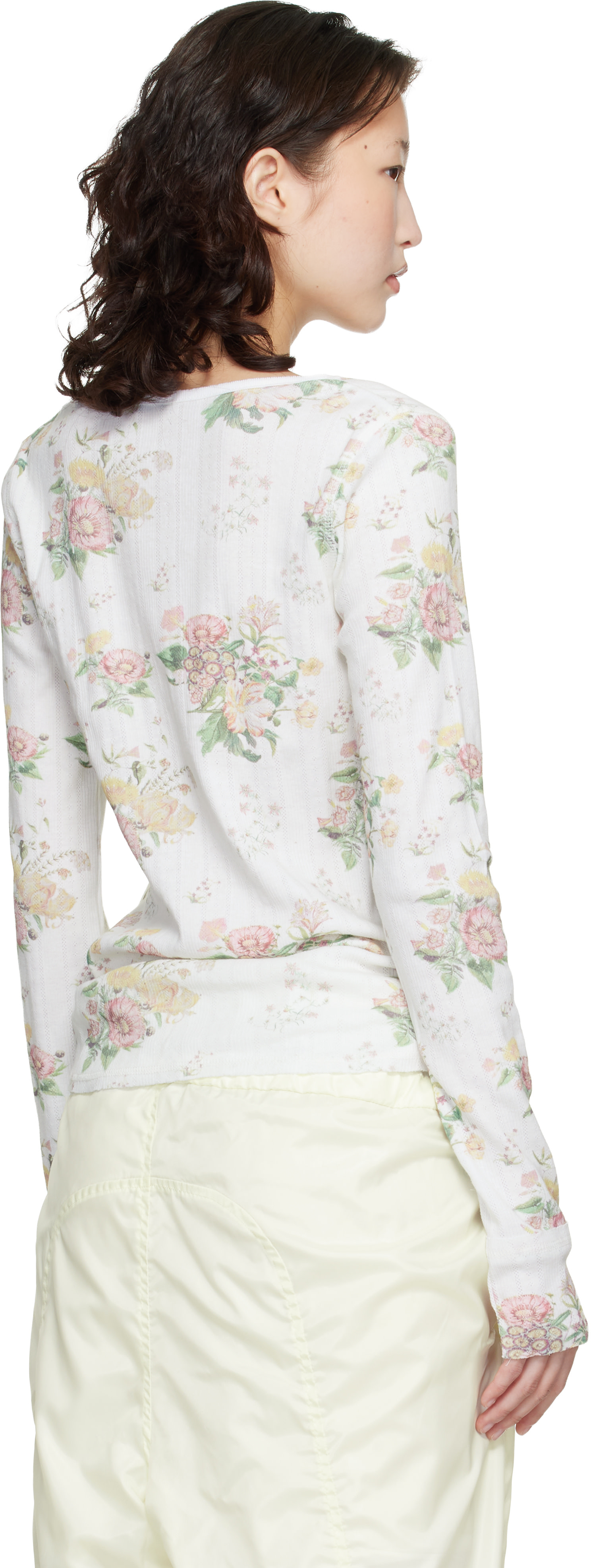 OPEN YY: White Floral Hook Long Sleeve Henley | SSENSE
