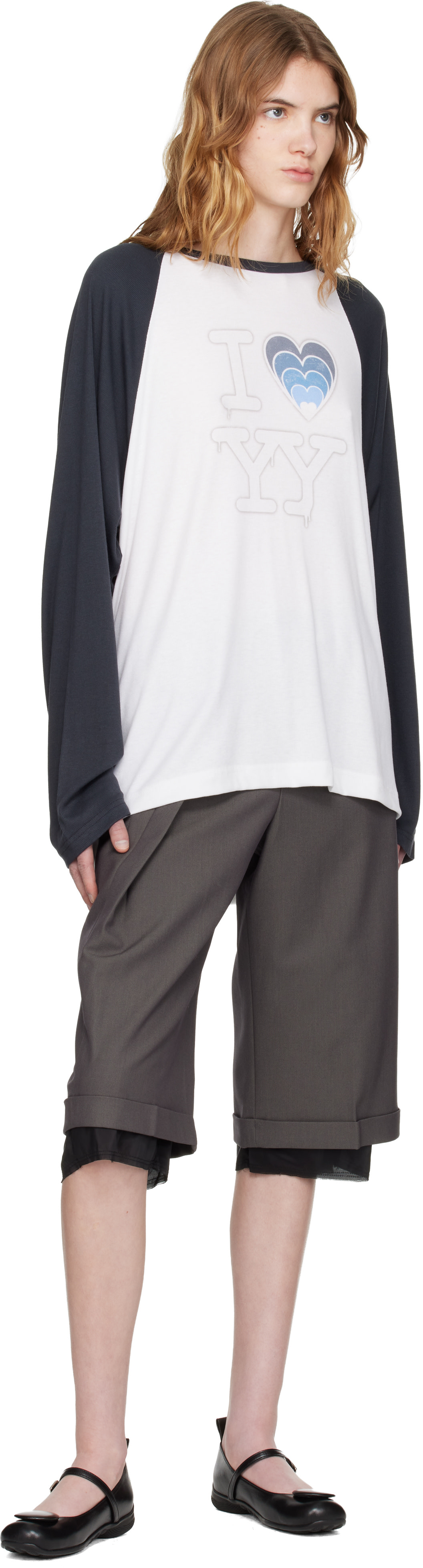 トップス yy OPEN YY: White & Blue 'I LOVE YY' Raglan T-shirt | SSENSE