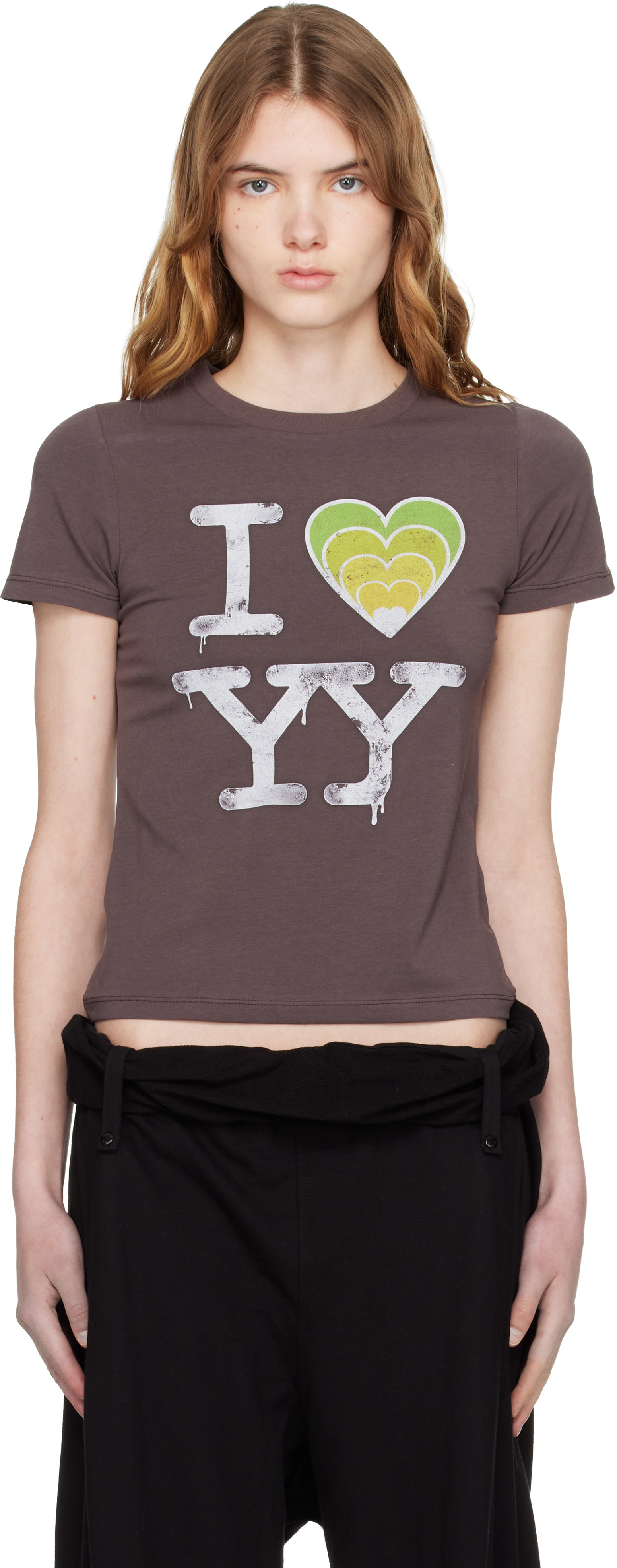 OPEN YY: SSENSE限定 ブラウン 'I LOVE YY' ベビーTシャツ | SSENSE 日本