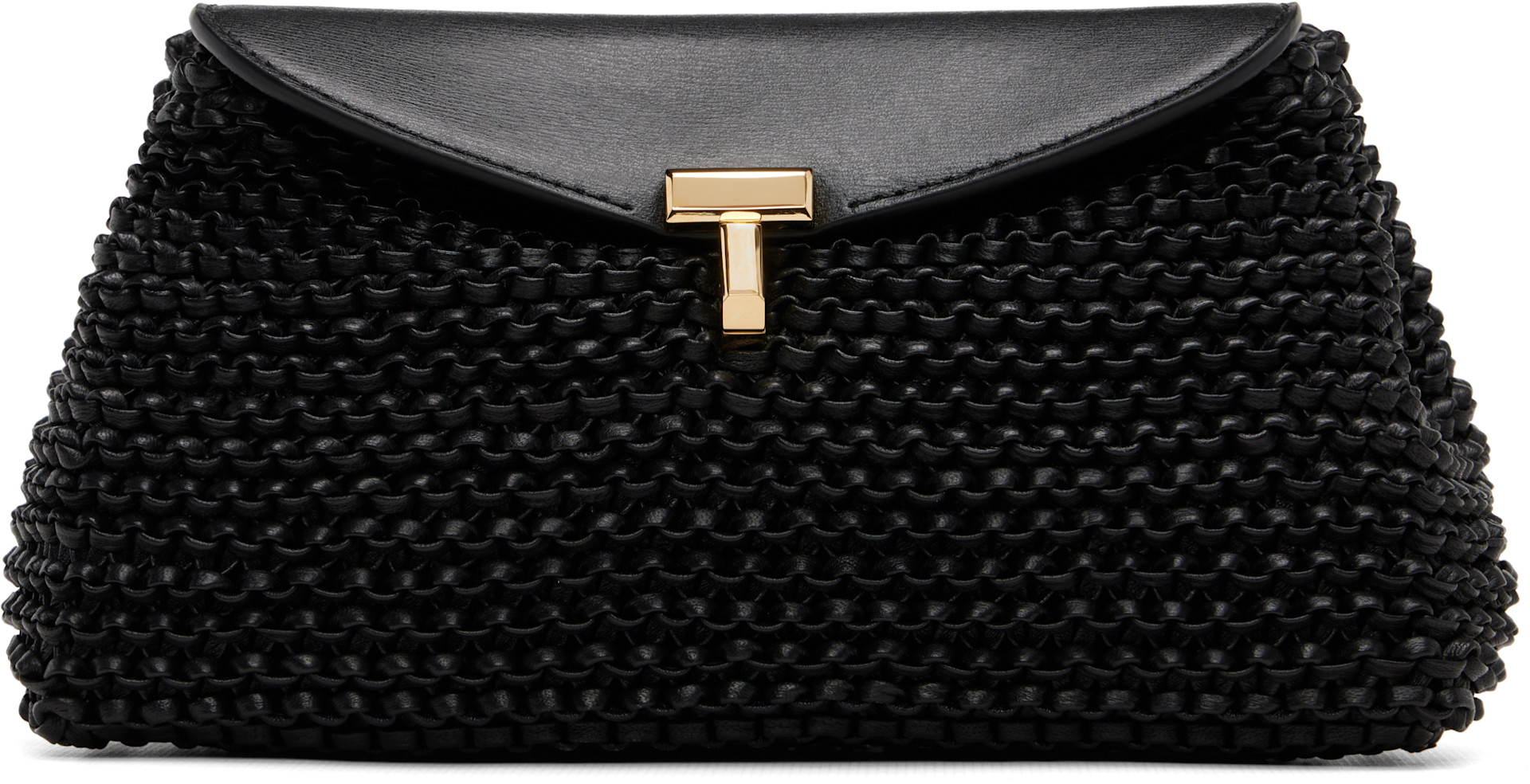 TOTEME Tロック フォールドオーバー クラッチバッグ　ブラック TOTEME: ブラック ミニ T-Lock Woven-Leather クラッチバッグ | SSENSE