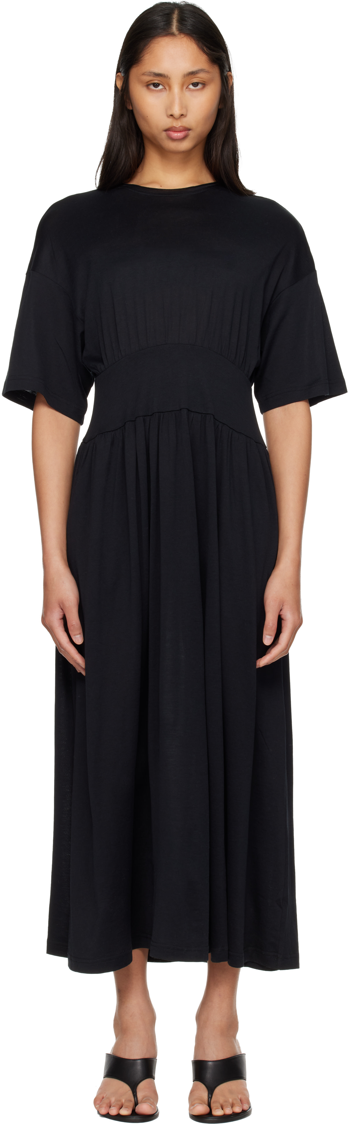 midi tee dress Casual Striped V-Neck T-Shirt Brown / M The relaxed silhouette offers comfortable coverage while side slits allow for natural movement Loft Wedge T-Shirt Midi Dress