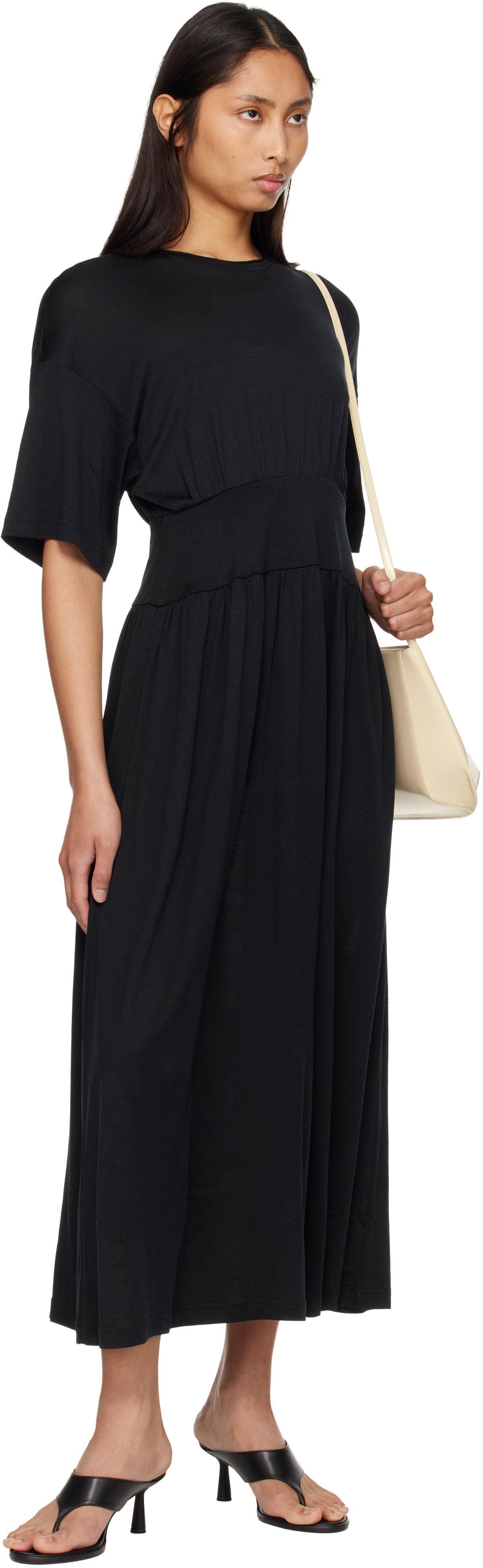 toteme cotton midi dress TOTEME: Black Cotton Silk Tee Midi Dress