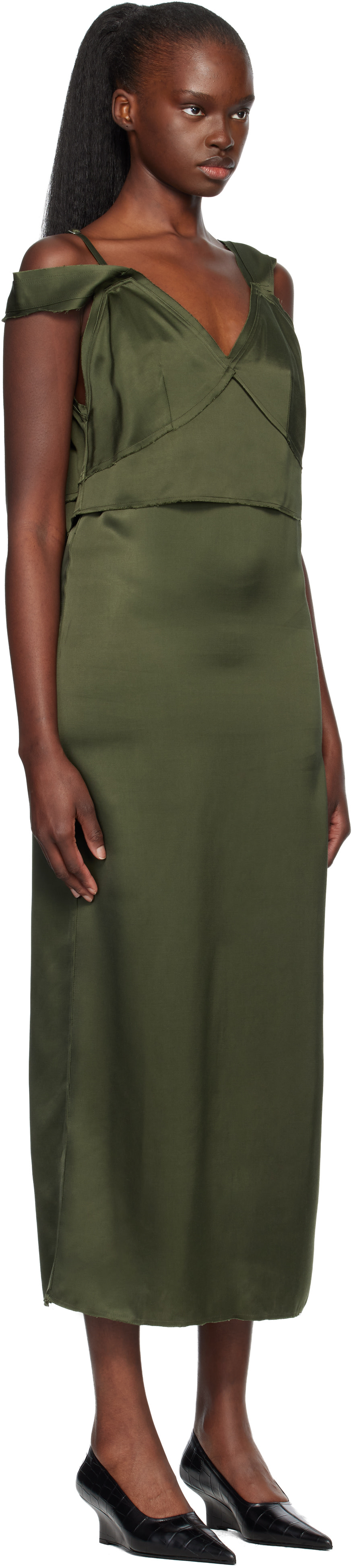 TOTEME オフショルダーマキシドレス TOTEME: Green V-Neck Slip Maxi Dress | SSENSE