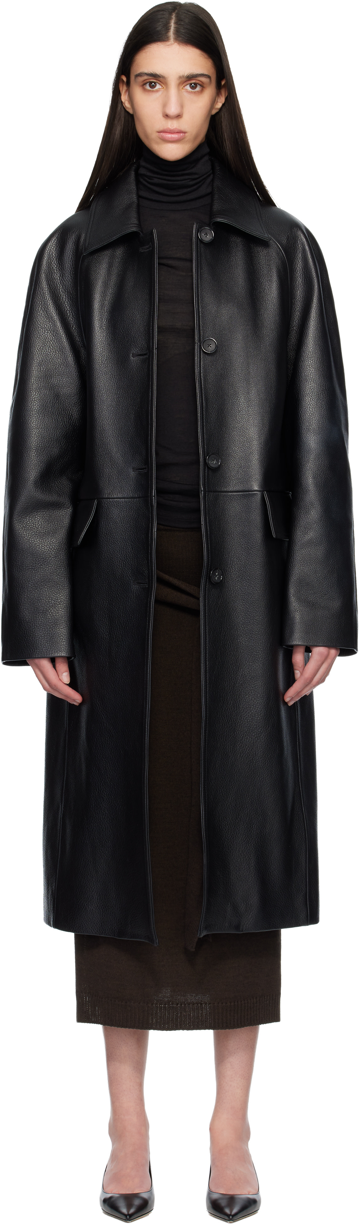 TOTEME: Black Raglan Leather Coat | SSENSE