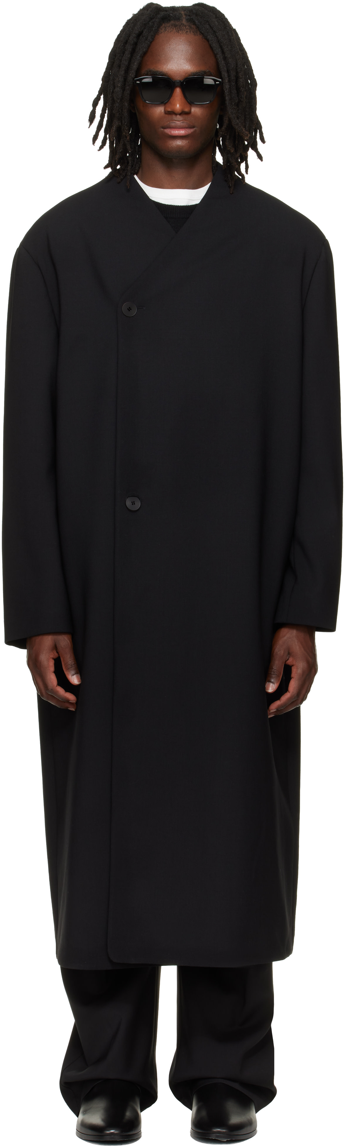 Fear of God: Black Wool Double Breasted Lapelless Coat | SSENSE