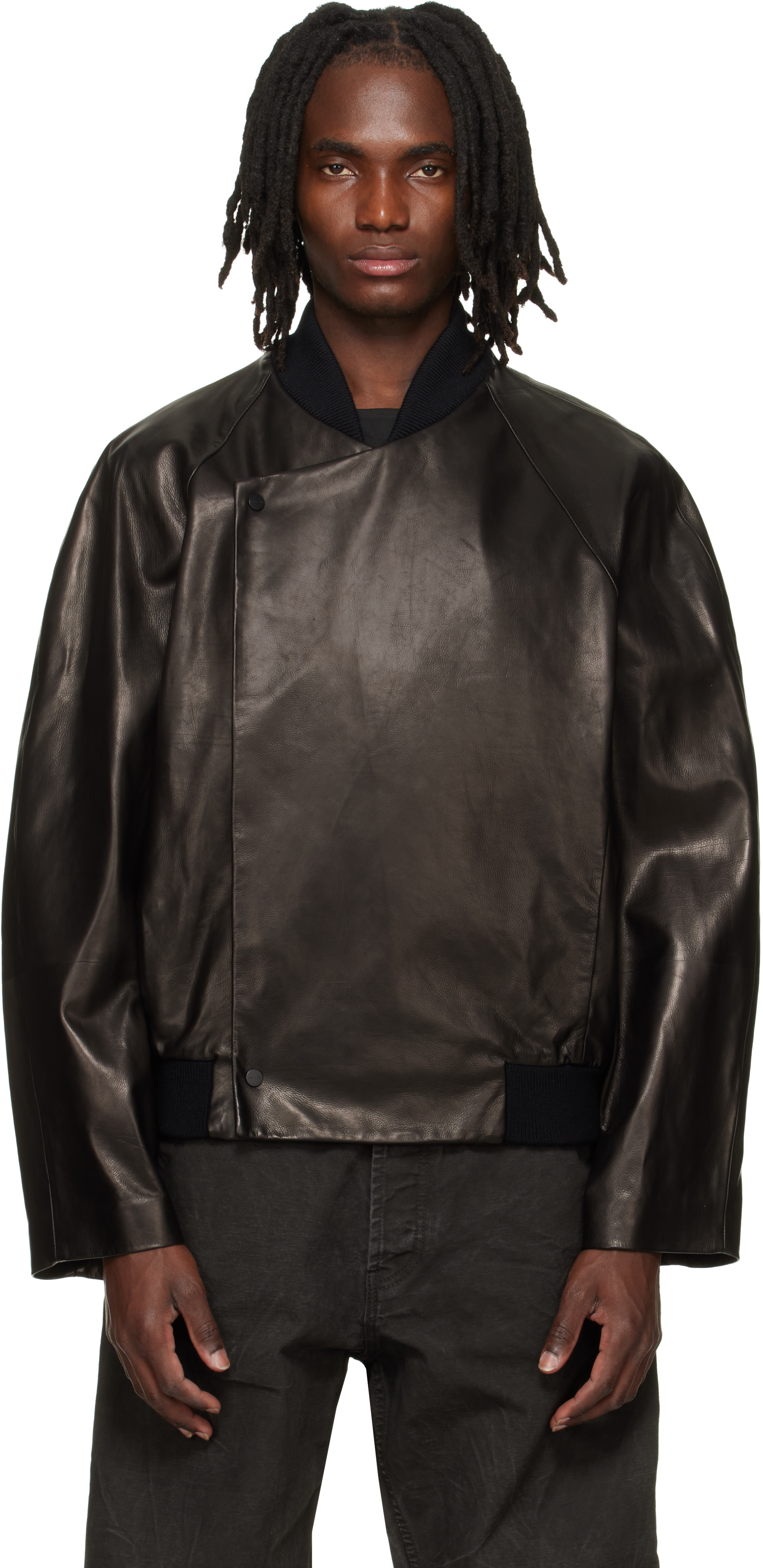 Fear of God: Black Leather Raglan Bomber Jacket | SSENSE