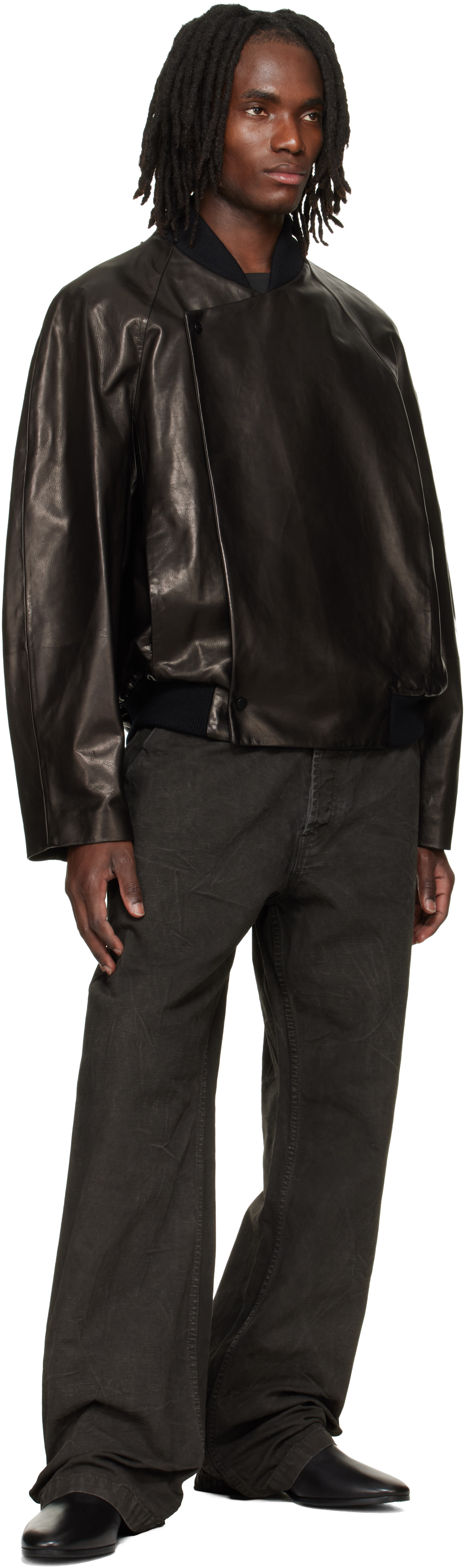 Fear of God: ブラック ラグラン レザー ボンバージャケット | SSENSE 日本