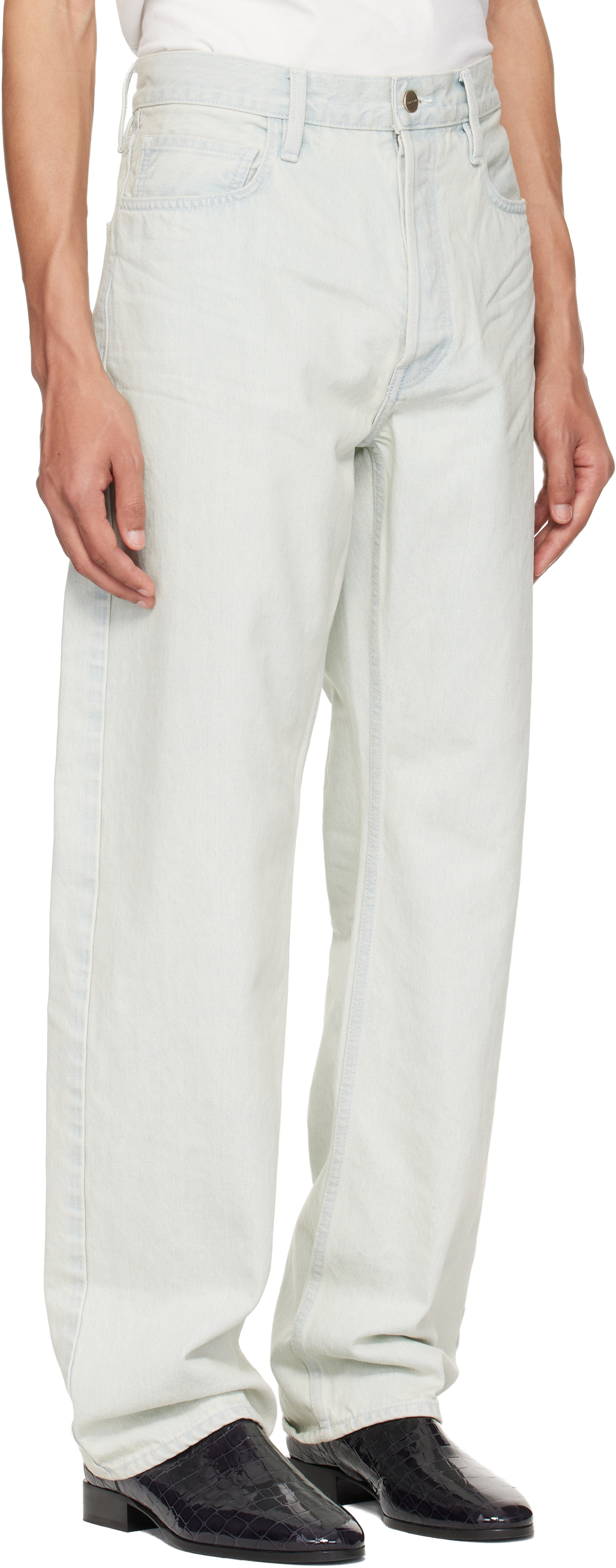 Fear of God: Blue Bleach Washed Denim Straight 5 Pocket Jeans | SSENSE