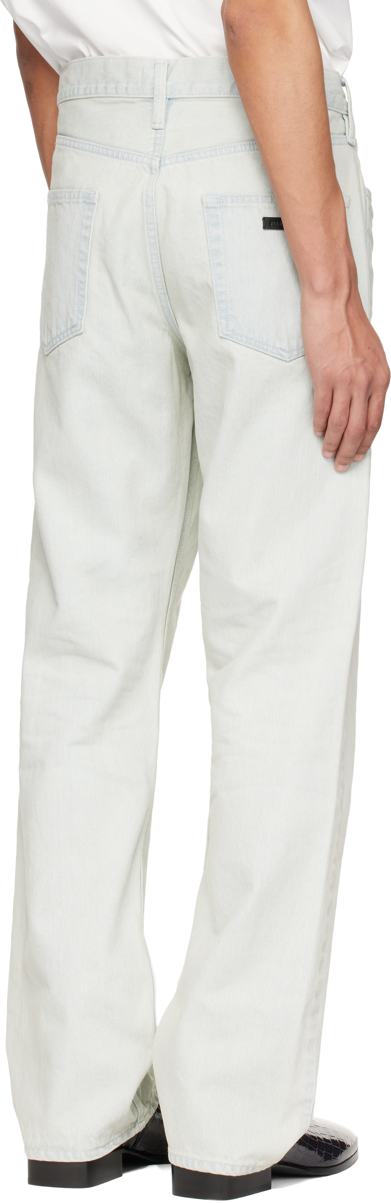 Fear of God: Blue Bleach Washed Denim Straight 5 Pocket Jeans | SSENSE