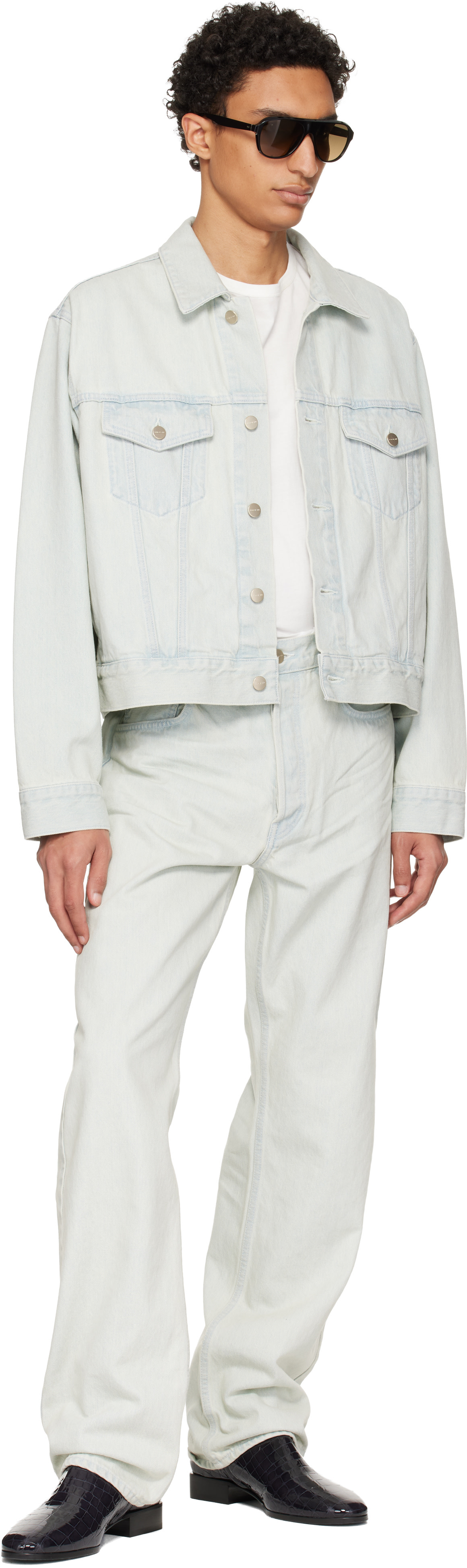 Fear of God: Blue Bleach Washed Denim Straight 5 Pocket Jeans | SSENSE
