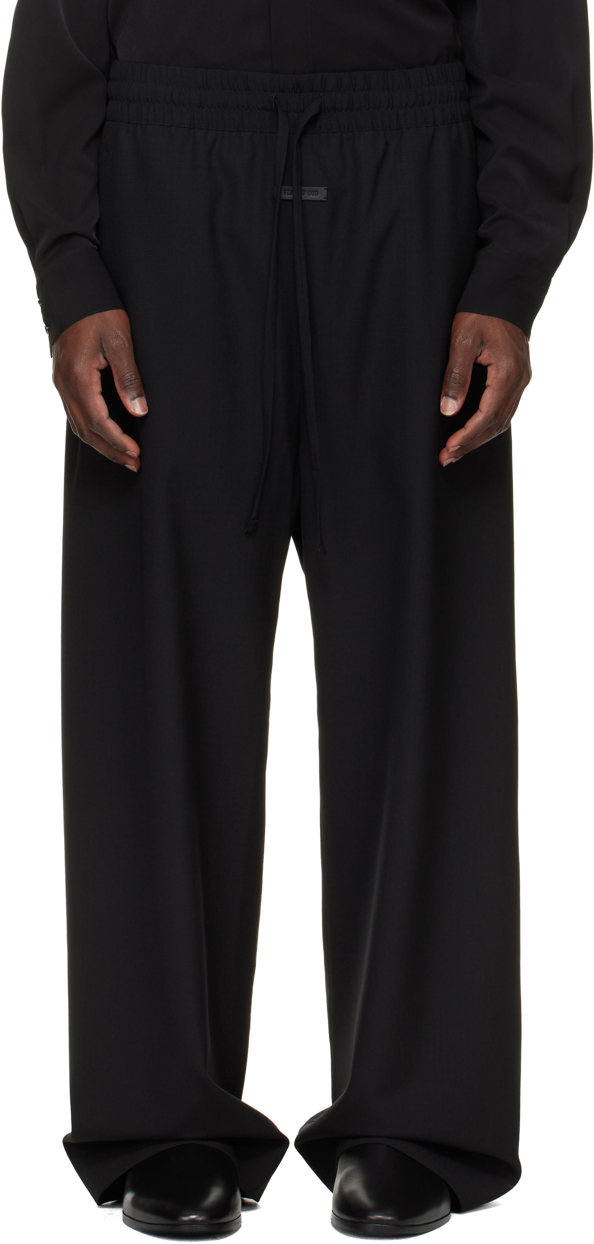 FEAR OF GOD ブラック ワークパンツ Fear of God: Black Wool Ripstop Wide Leg Drawstring Trousers | SSENSE