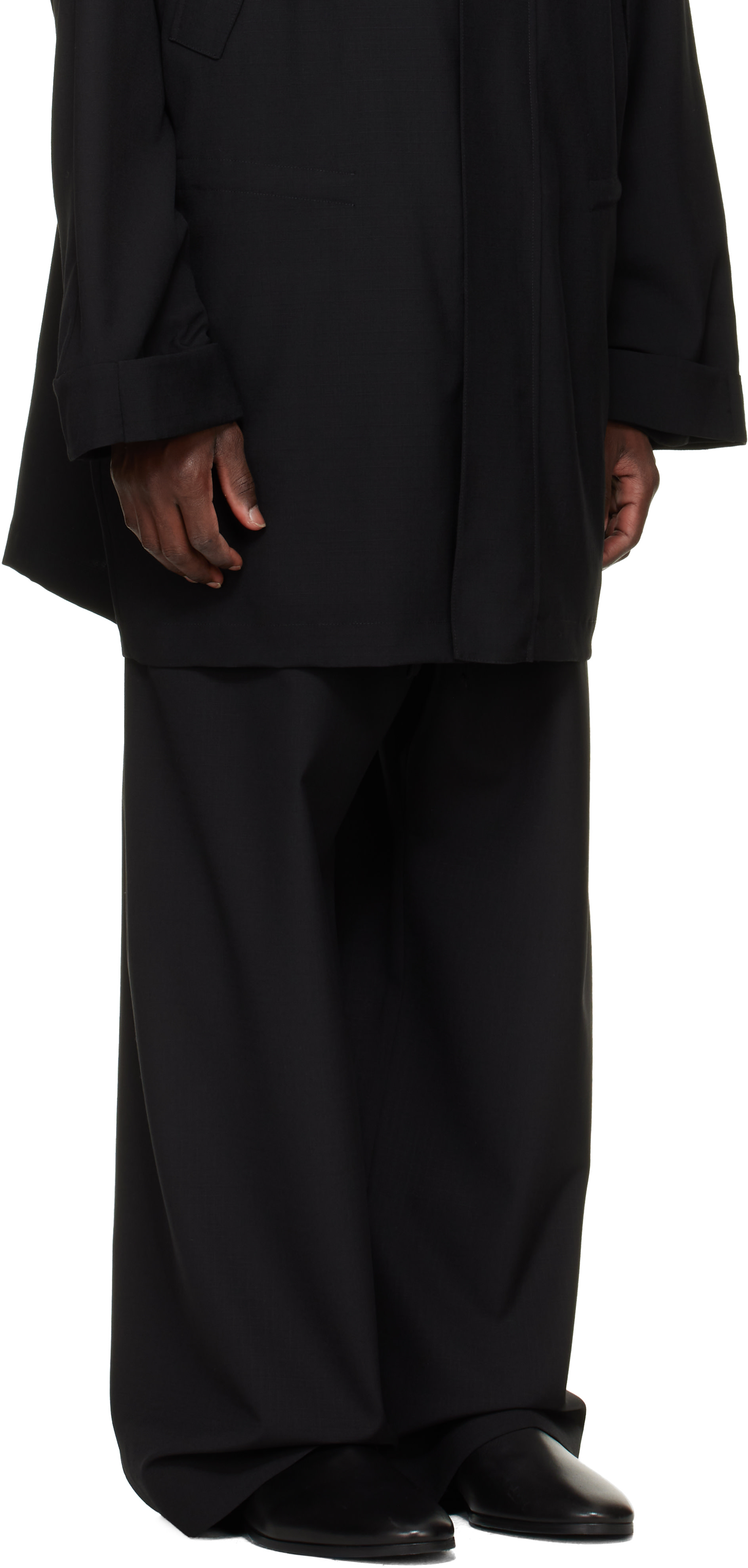 Fear of God: Black Wool Ripstop Wide Leg Drawstring Trousers | SSENSE