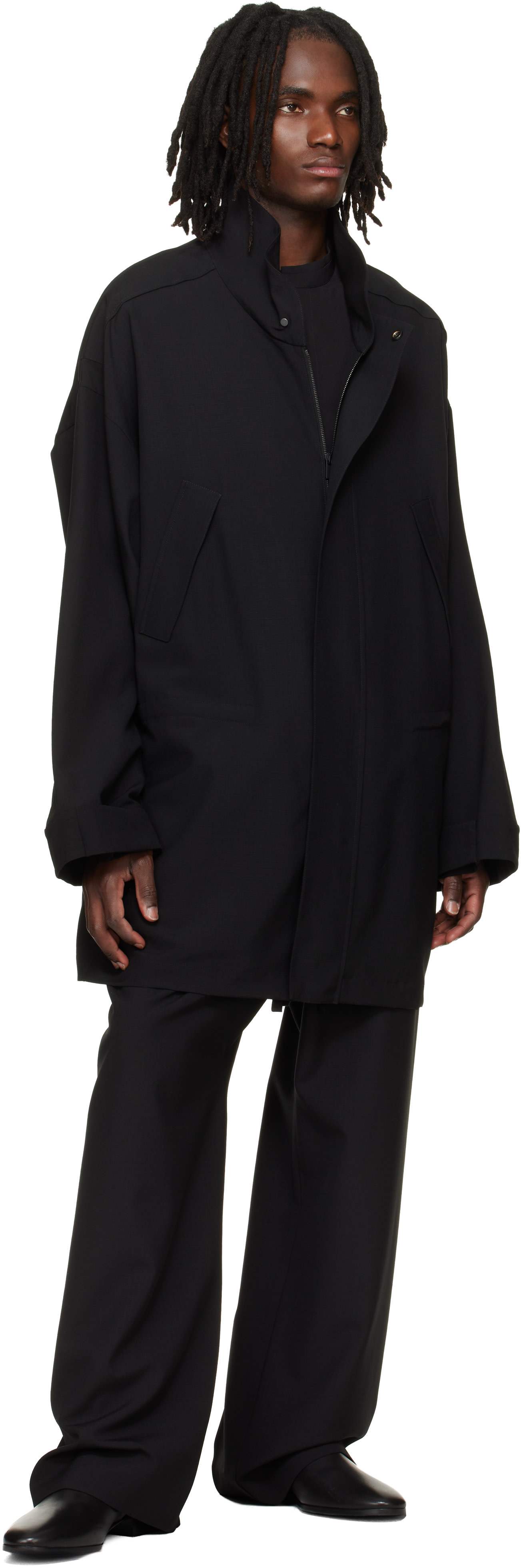 Fear of God: Black Wool Ripstop Wide Leg Drawstring Trousers | SSENSE