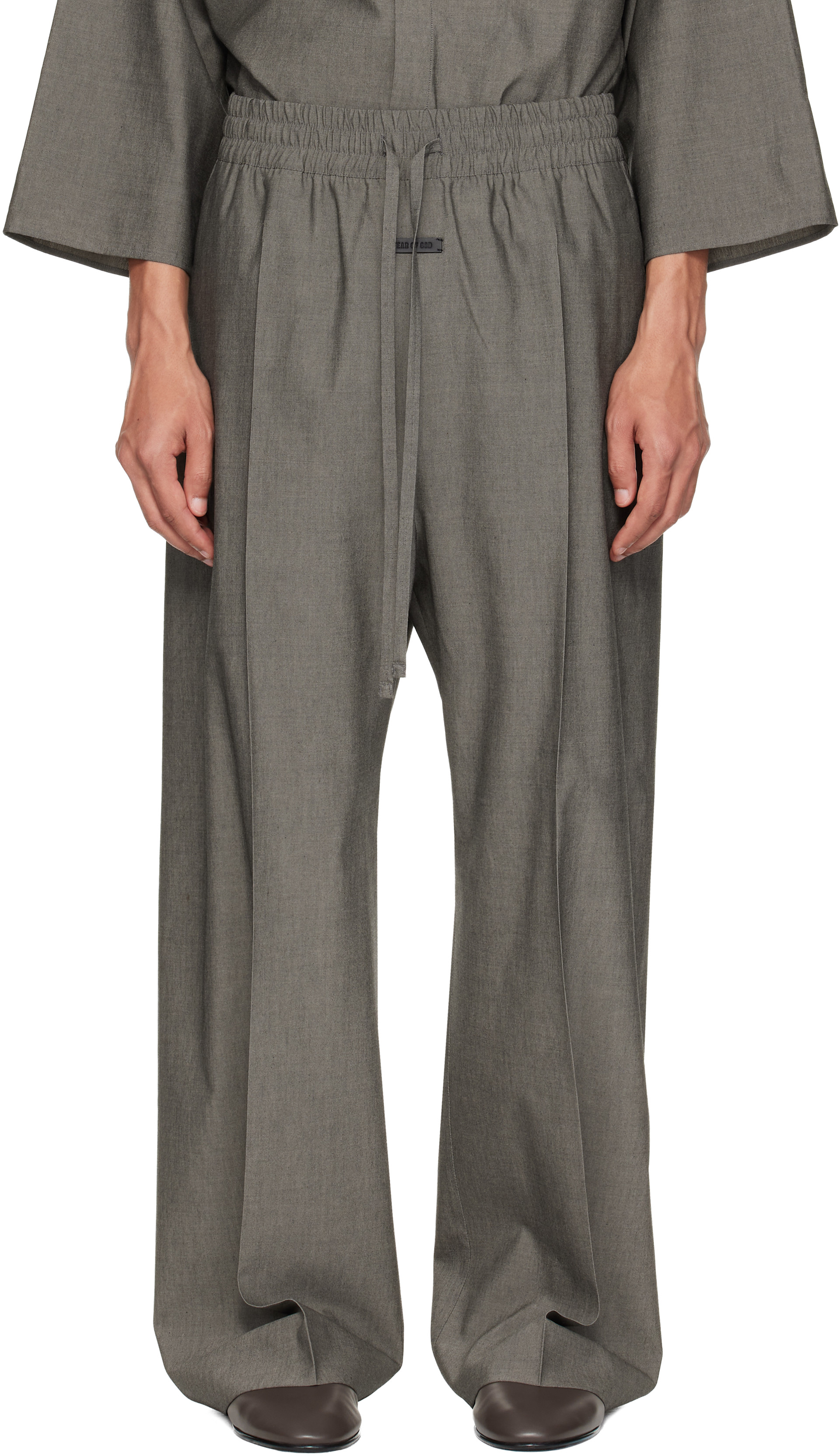 Fear of God: Gray Cotton Wool Oxford Wide Leg Drawstring Trousers