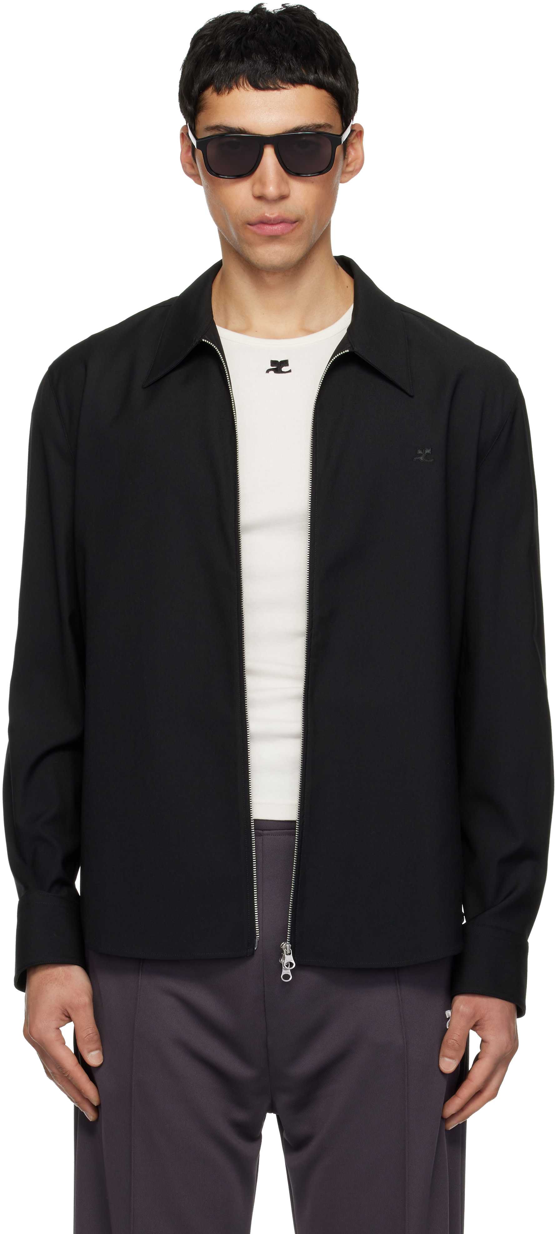 Courrèges: Black Zipped Twill Shirt Jacket | SSENSE Mexico