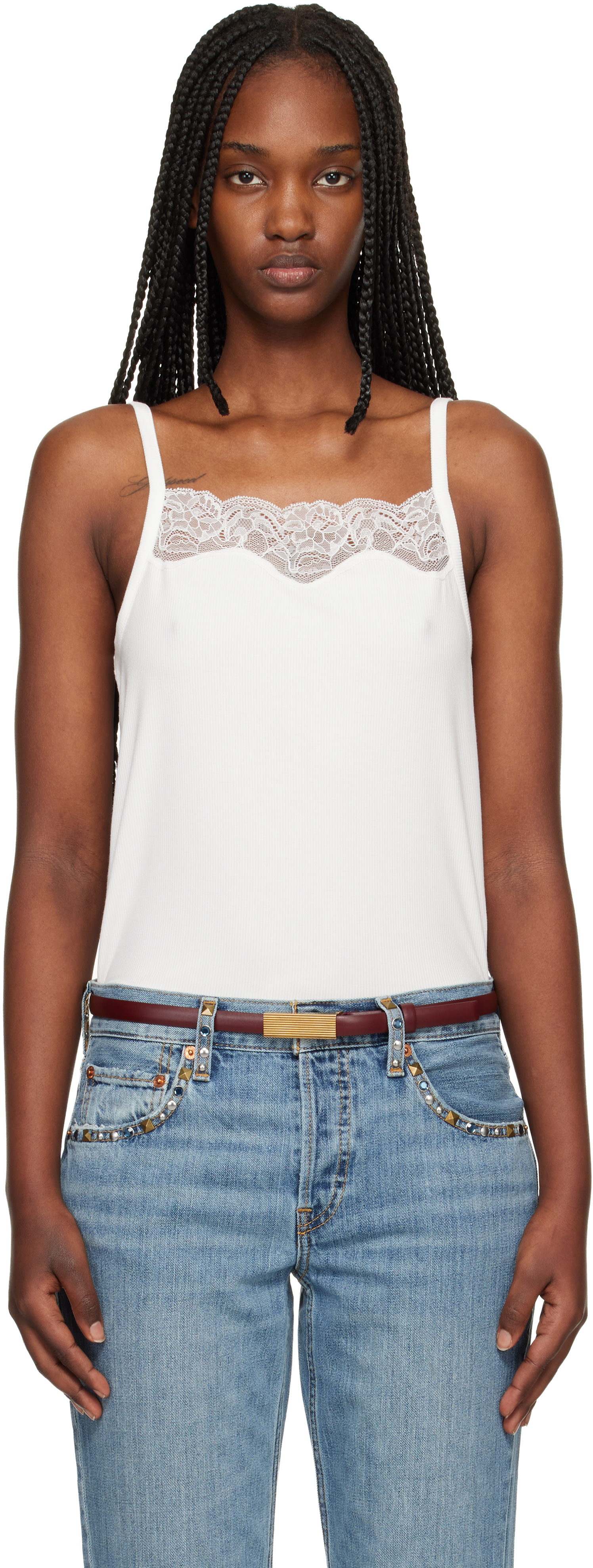Re/Done: Off-White Lace Ribbed Camisole | SSENSE