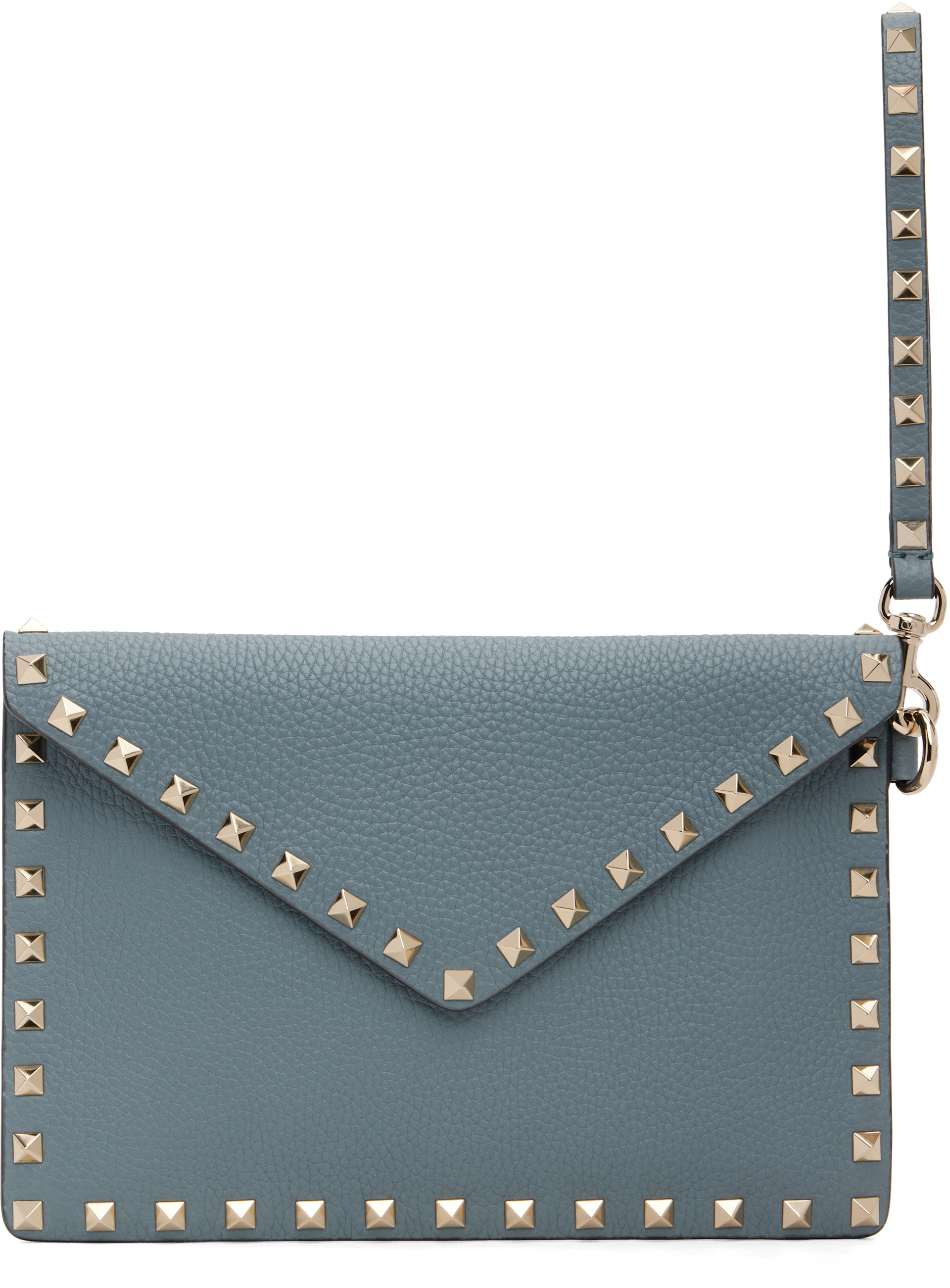 Valentino Garavani: Blue Rockstud Grainy Calfskin Envelope Pouch