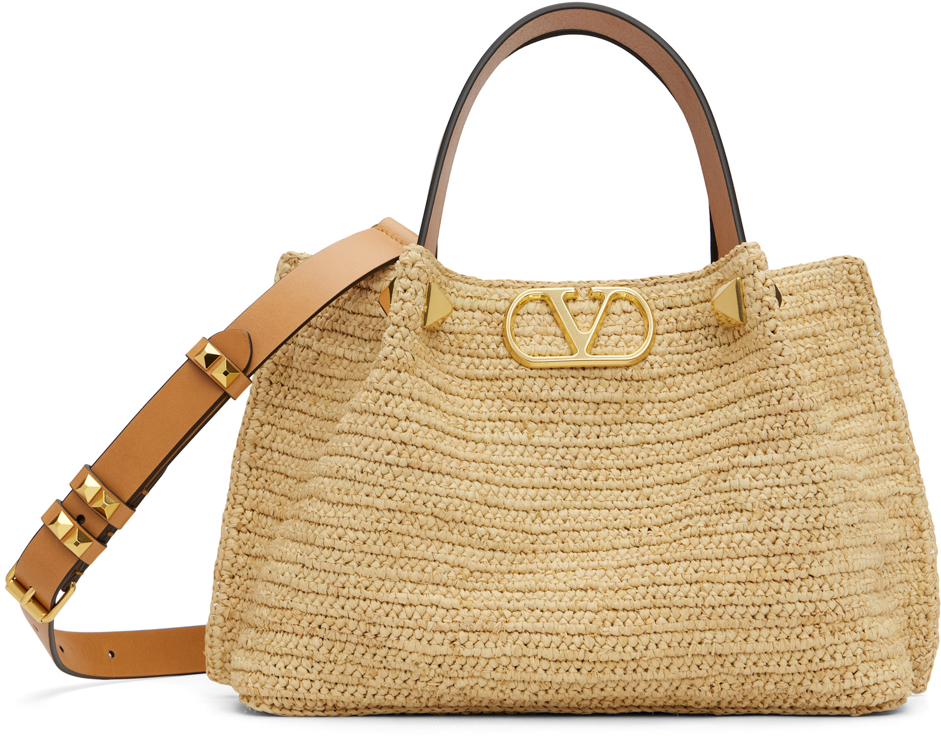 Valentino Garavani: ベージュ スモール Shopping ラフィア バッグ