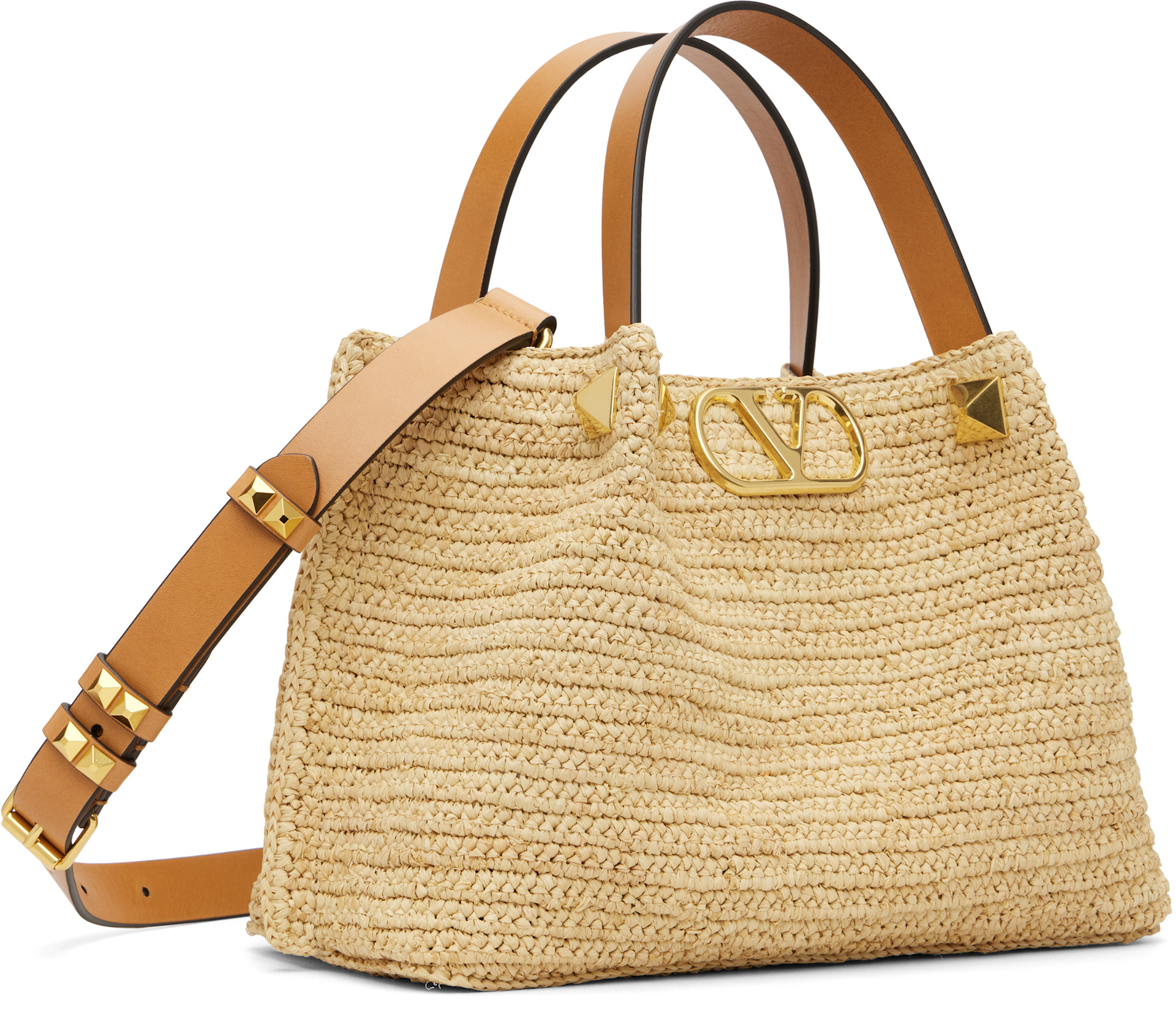 Valentino Garavani: ベージュ スモール Shopping ラフィア バッグ 