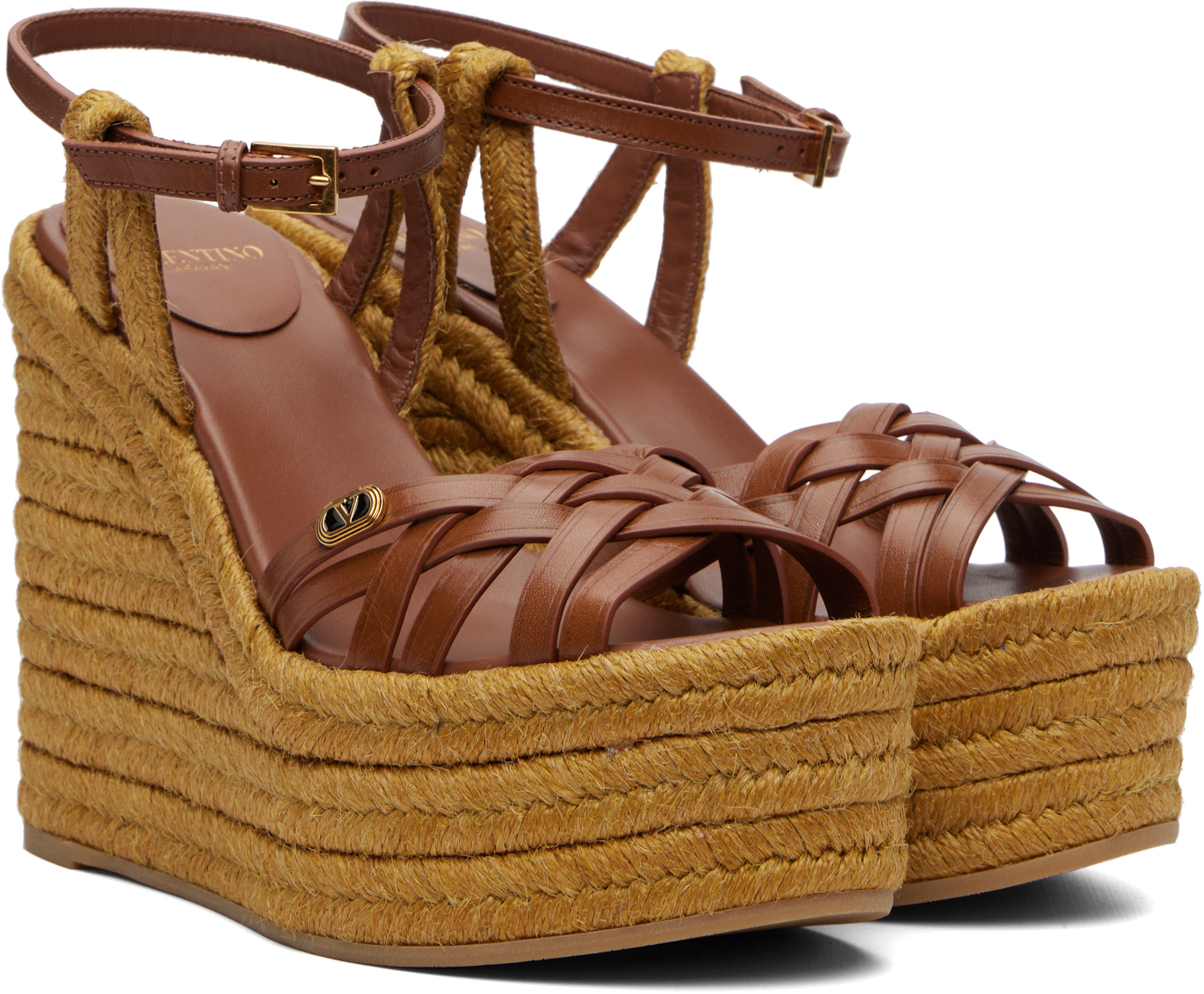 Valentino Garavani: ブラウン Wedge Espadrilla ヒールサンダル