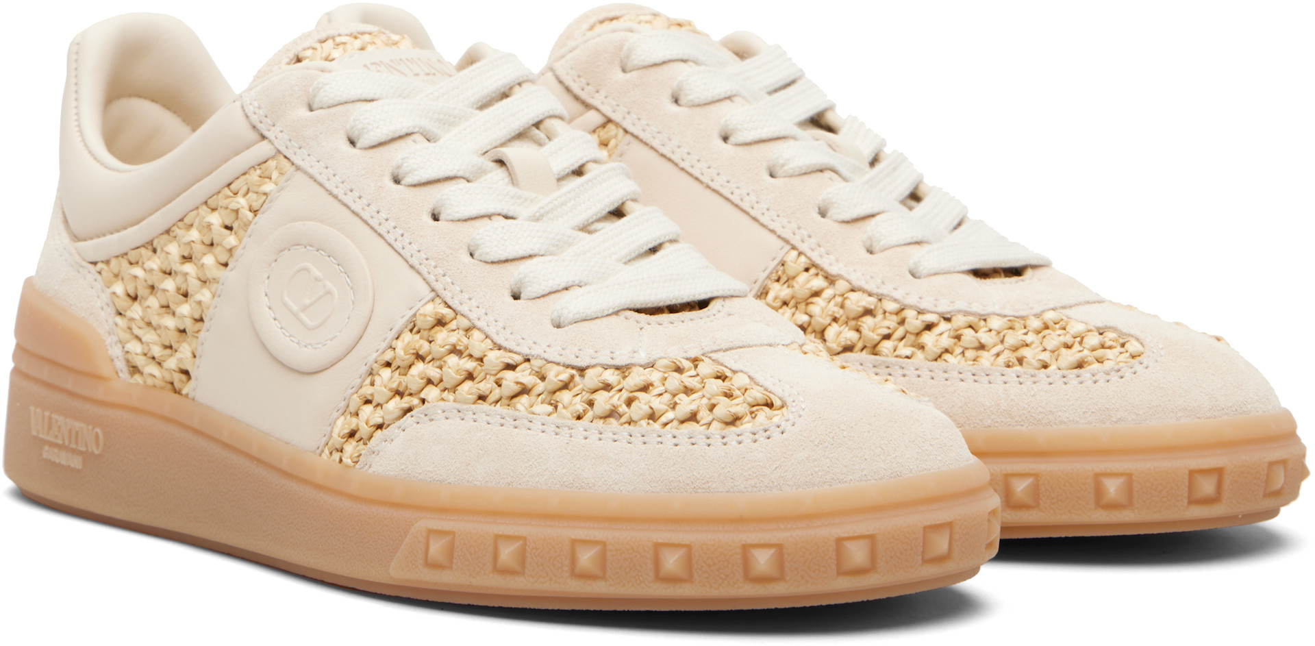 VALENTINO GARAVANI ベージュ ハイカットスニーカー Valentino Garavani: Off-White & Beige Upvillage Woven Faux-Raffia