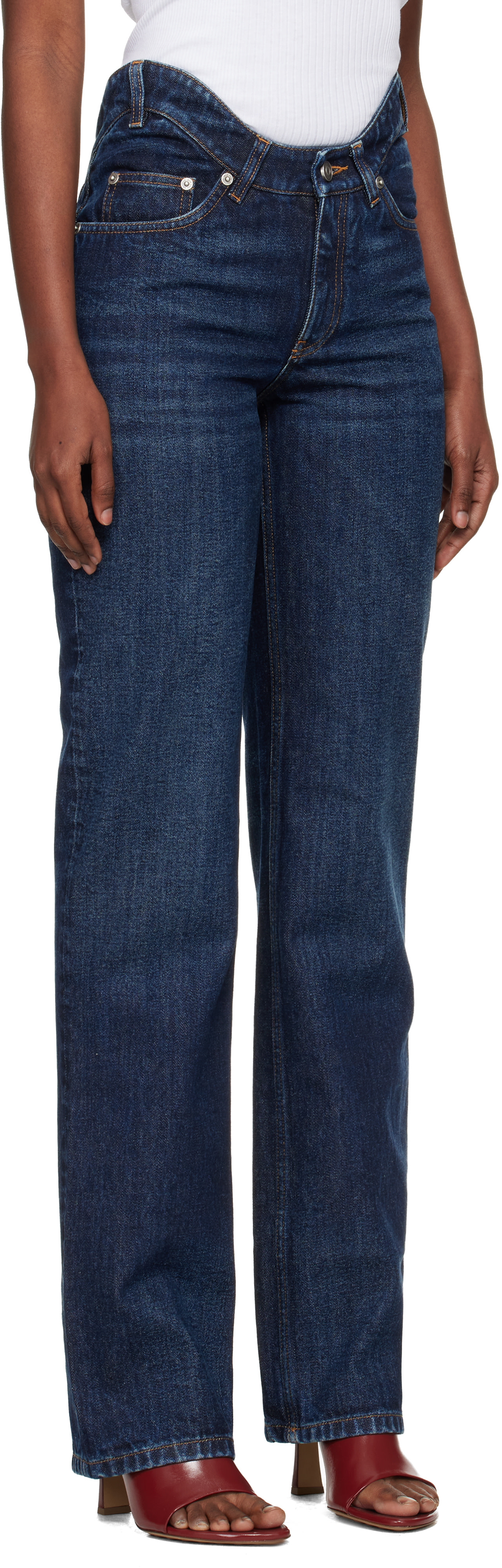 GAULTIER JEANS 花柄スラックス ブルー Jean Paul Gaultier: Blue 'The Curved' Jeans | SSENSE