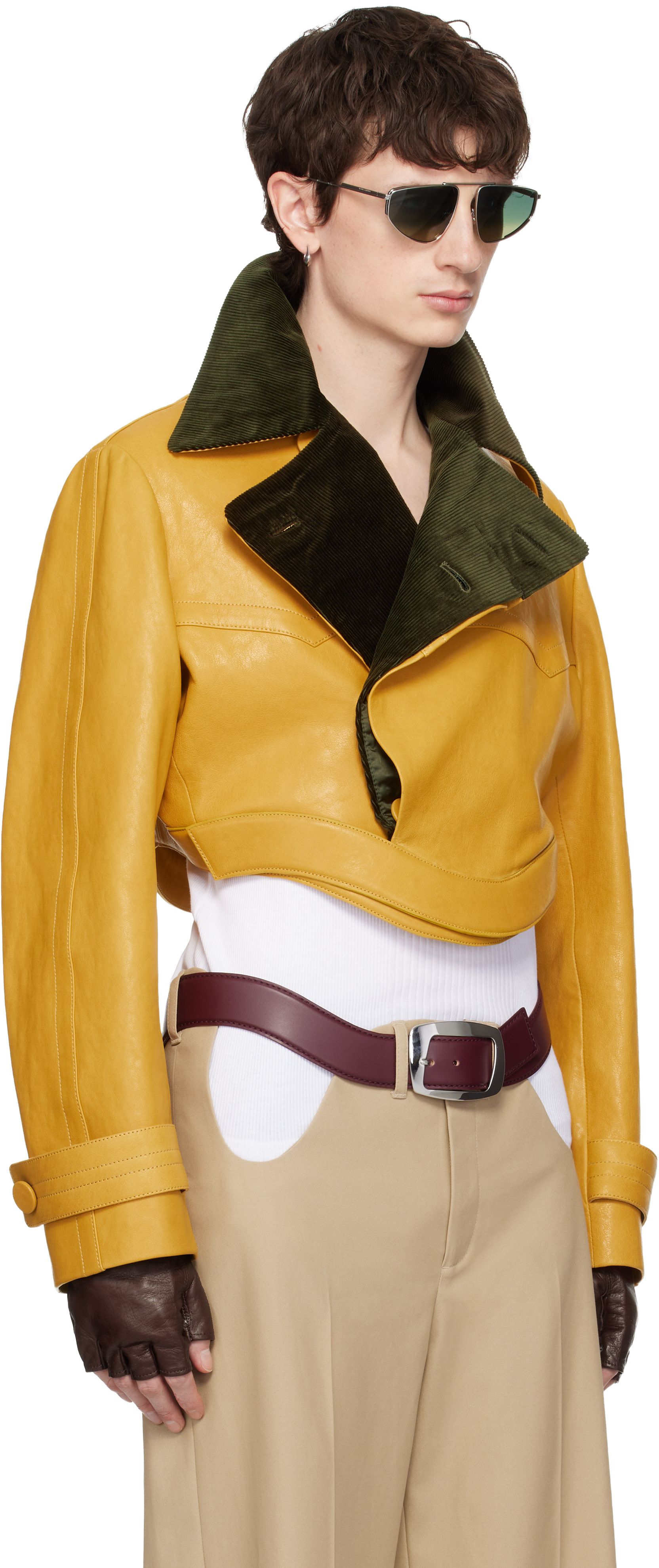 Jean Paul Gaultier: Yellow Curved Waistband Leather Jacket | SSENSE